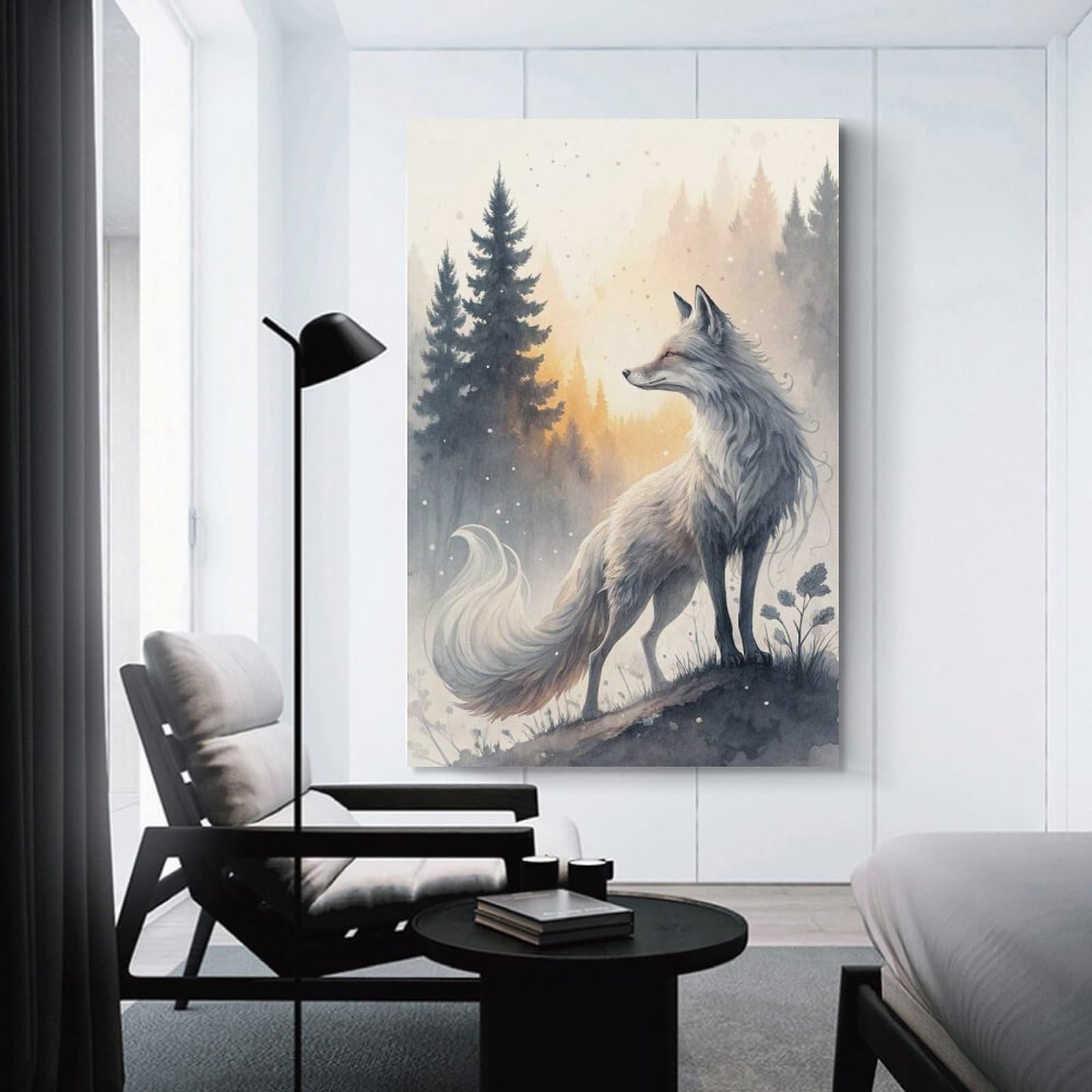 Junmoney White Fox in Misty Forest Canvas Wall Decor, 08x12inch(20x30cm), for Gallery Wall Decor And Room Displays, Wall Decor Suited to Curated Displays