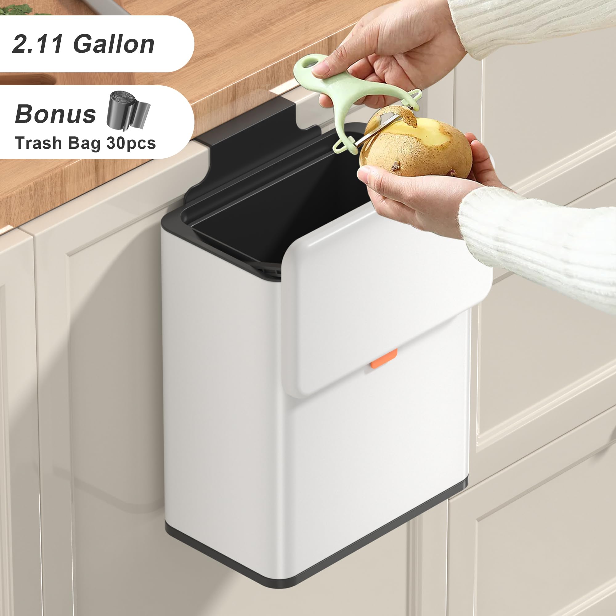Mbillion Küchenkomposteimer, hängender Mülleimer mit Deckel, 8L/2,1 Gallonen, Edelstahl-Mülleimer für Küchenschranktüren, montierter unter der Spüle, Tür, Wohnmobil, Badezimmer (Silber, 8L)