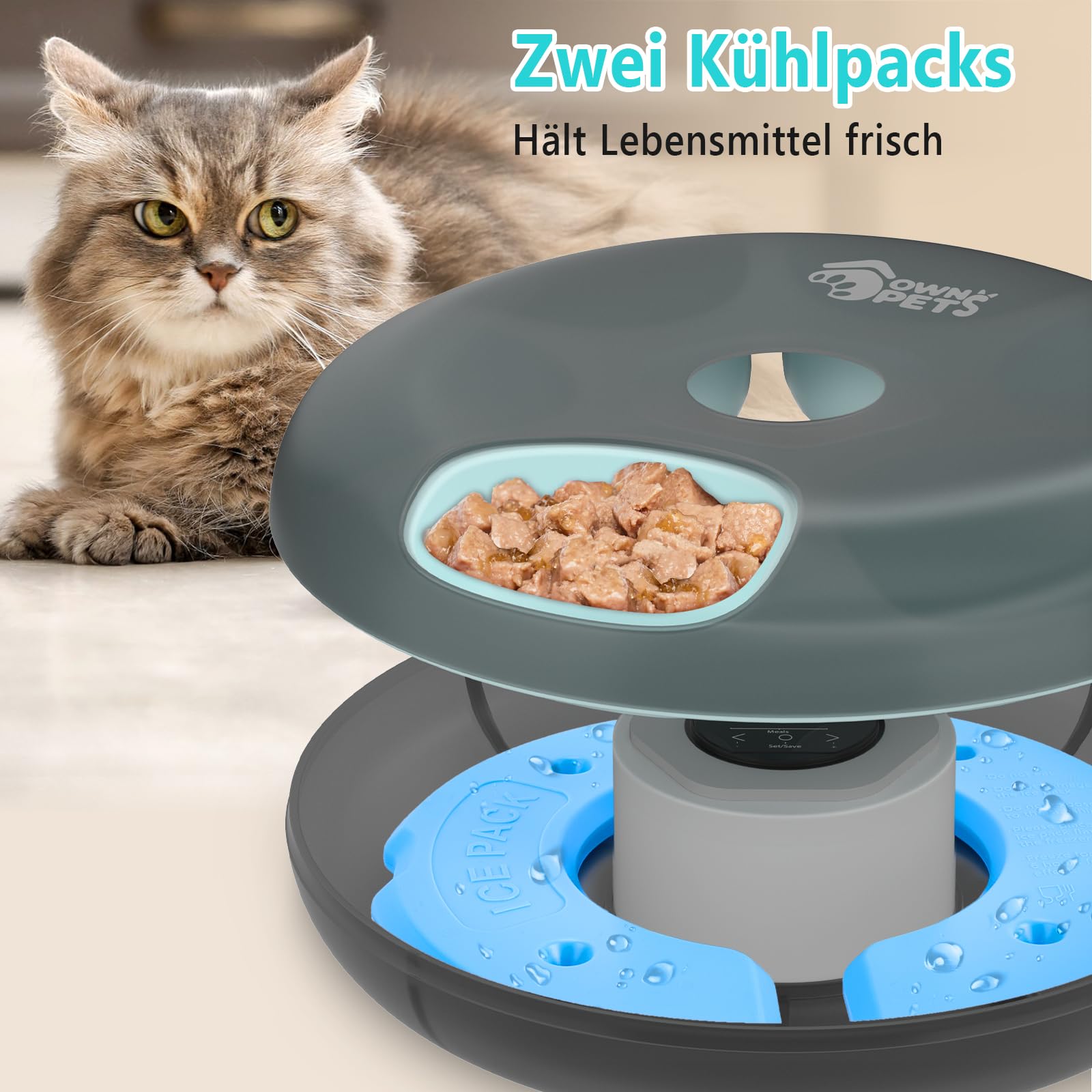 Ownpets 6 Mahlzeiten Automatischer Katzenfutterautomat für Nass-/Trockenfutter, mit 2 Kühlakkus, programmierbarer zeitgesteuerter Tierfutterautomat, Auto Feeder für Katzen,kleine Hunde