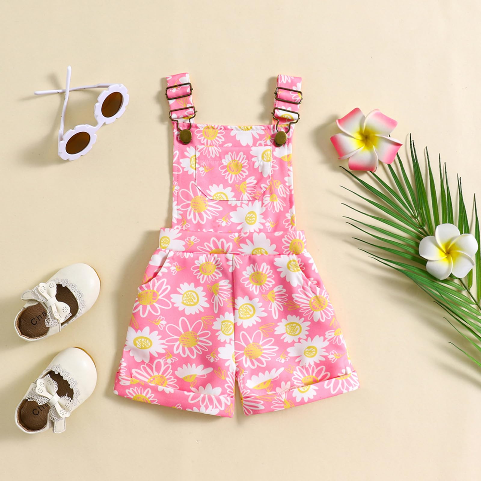 Dcohmch Toddler Girls Overalls Flower Print Sleeveless Straps Buttons Pockets Shortall Summer Romper Jumpsuit (Pink 2, 12-18 Months)