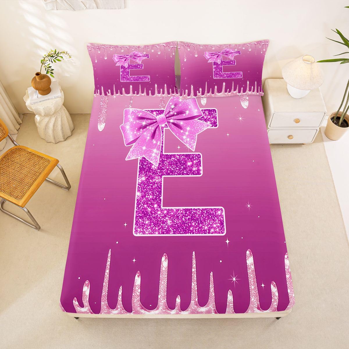 Homemissing Sábana bajera ajustable con lazo rosa con 2 fundas de almohada, tamaño King, con inicial E personalizada de 16 pulgadas de profundidad, sábana bajera ajustable para niños y niñas