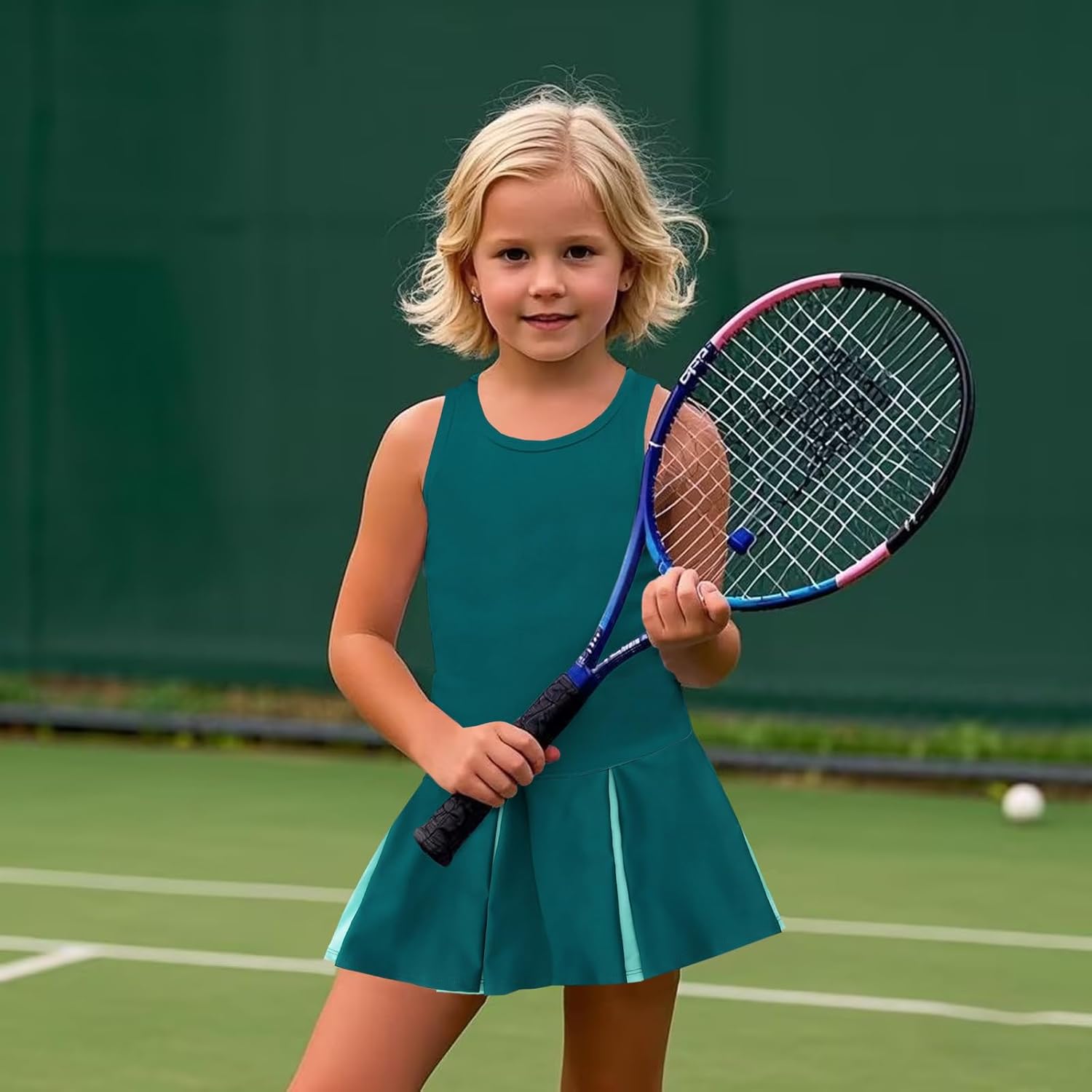 Girls Tennis Dress Golf Outfit Sleeveless Tank Top and Sport Skorts Set Pocket Kids Athletic Clothes with Shorts(Blue,12-14Y) - Image 2