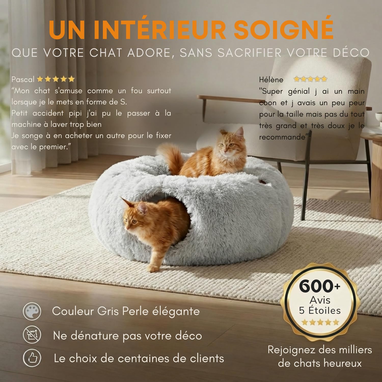 One PETS-TOP Tunnel Chat Rond XXL en Peluche Douce – Lit Tunnel Cachette Confort – Cabane Intérieure pour Chat – Cat Tunnel (Gris Perle)