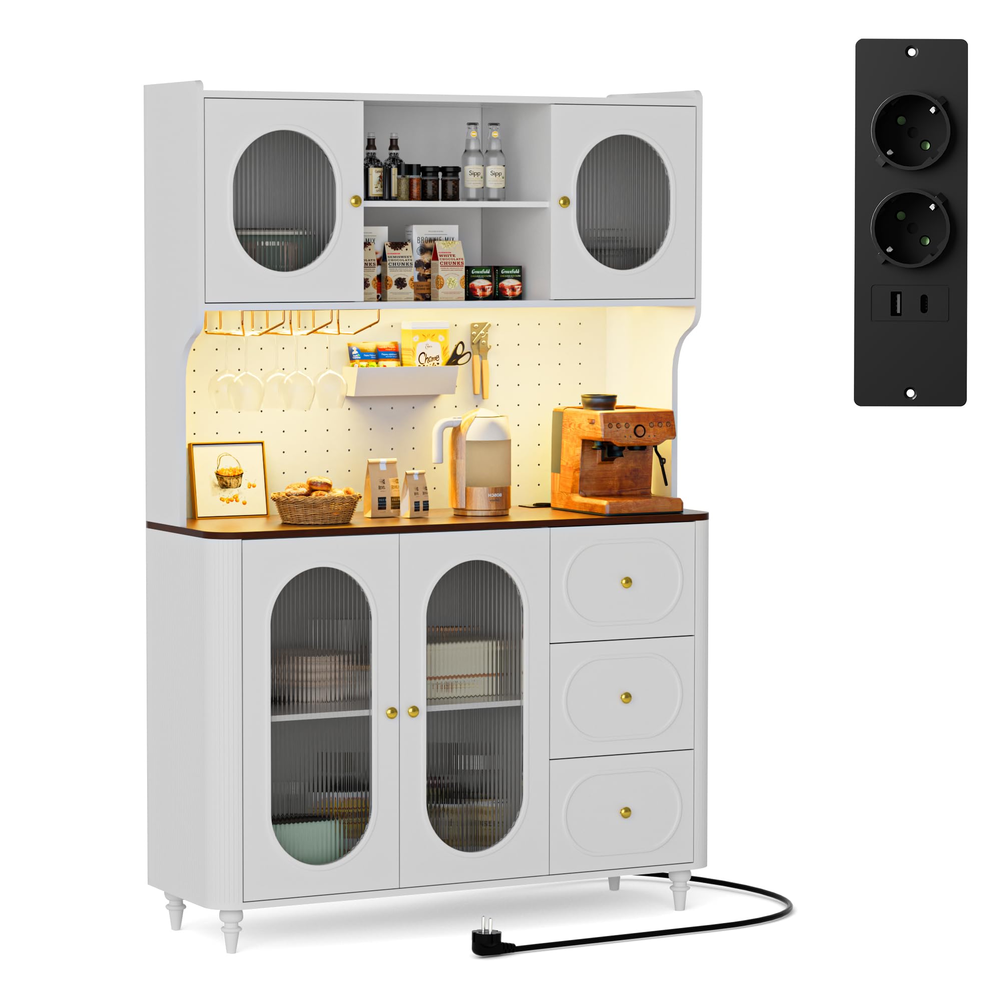 BonVache Küchenschrank, Kommode Küche mit Steckdosen und Led-Lichtleisten, Hochschrank Küchenbuffet, Sideboard, 2 Offene Fächer 3 Schubladen, Esszimmerschrank für Wohnzimmer Küche,120x41x180cm,Weiß