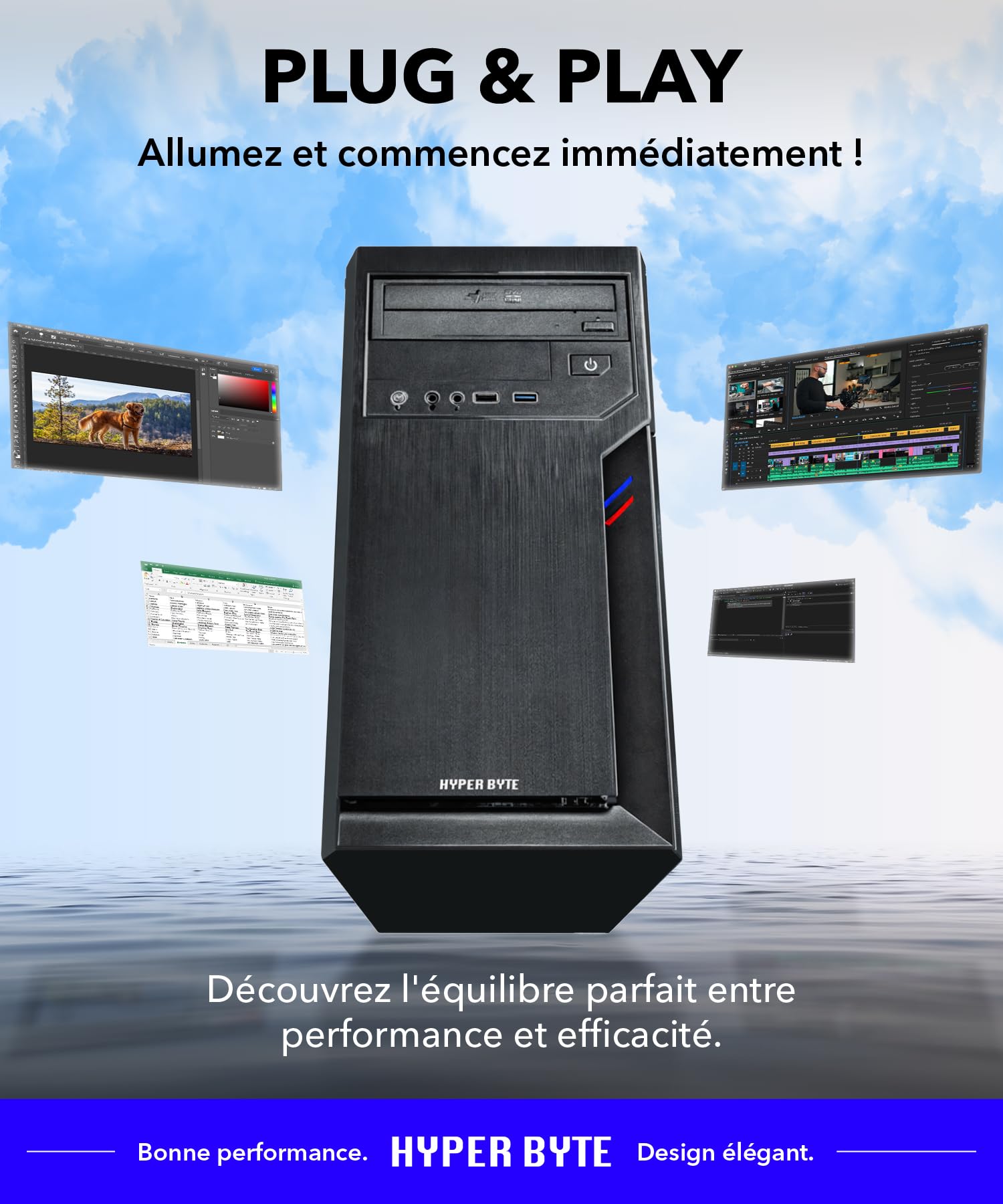 HYPER BYTE® PC de Bureau Intel Core i5 10400F NVIDIA GT 730 4,4 GHz 16 Go RAM DDR4 SSD 512 Go Windows 11 Pro Wi-Fi DVD+RW USB 3.0