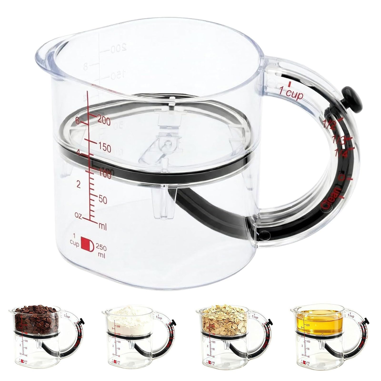 OuryTech Small Measuring Jug, Adjustable Measuring Jug for Kitchen and Baking with Scraper for Precise Dosing