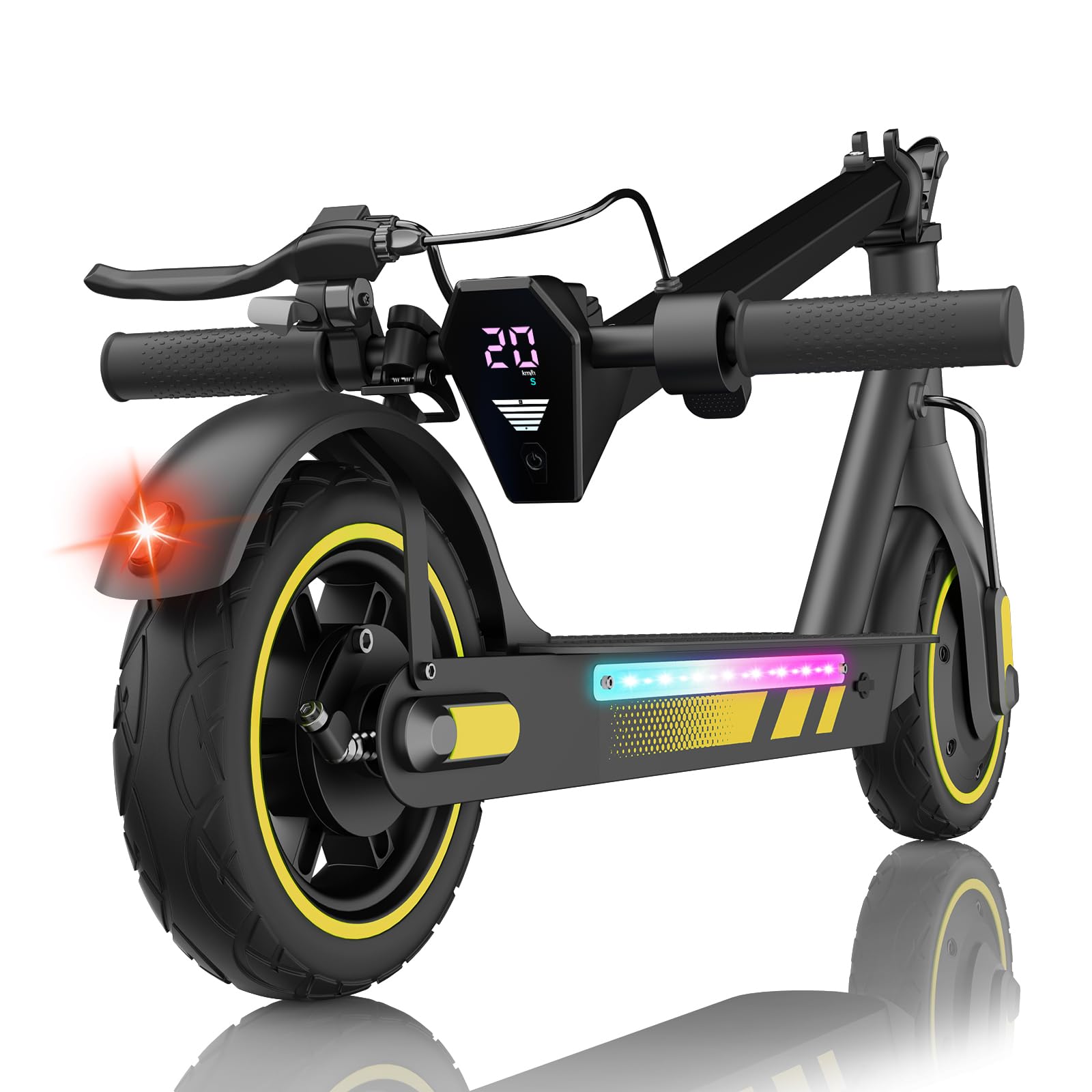 Patinete eléctrico para adultos, neumáticos neumáticos neumáticos de 10 pulgadas, patinete eléctrico 500 W, velocidad máxima 25 km/h, autonomía 40-45 km, batería 36 V 15 Ah, luces laterales RGB, Rough