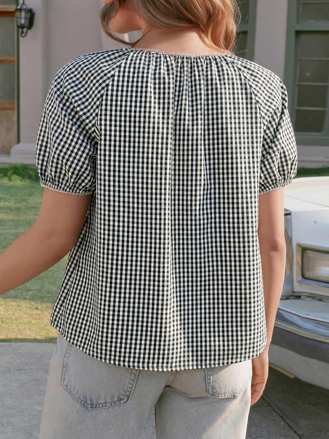 Tankaneo Womens Puff Sleeve Gingham Blouse Summer Plaid Crew Neck Cute Tops Trendy Casual Button Down Shirts - Image 3