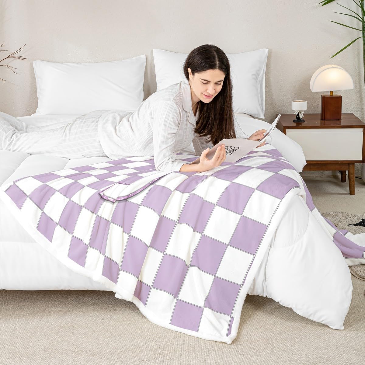 Erosebridal Initial Letter J Fuzzy Plush Throw White Purple Checkered Plaid Fleece Blanket Personalized Monogram Sherpa Blanket for Girls Women,Aesthetics Trendy Decor for Bed Couch Twin 60"x80"