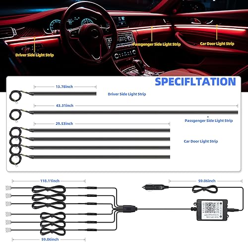 Miniatura 7 de Tira de luces LED para interiores de automóvil, 6 en 1 RGB kits de iluminación ambiental acrílica - con 593 LED de 175 pulgadas, función activa de