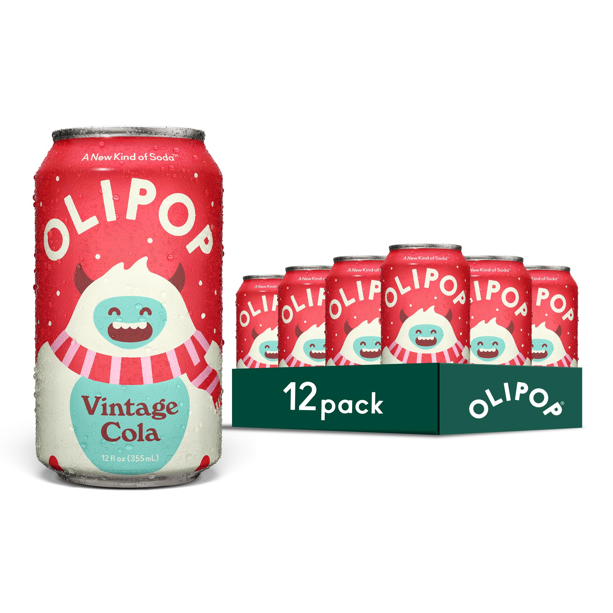 OLIPOP Prebiotic Soda Pop, Vintage Cola, Pantry Pack Packed with Prebiotics, Fiber, and Botanicals, Gluten Free, Vegan, GMO Free, 12oz (12-Cans)
