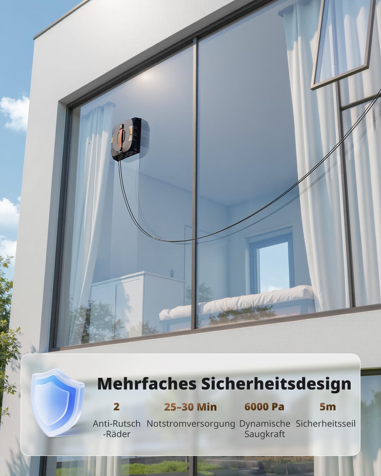 AIRMSEN YW733 Fensterputzroboter, Automatische Routenplanung, 4 Reinigungsmodi, 4 Sprühdüsen, 110 ml Tank, 6000 Pa Saugkraft, Anti-Rutsch-System, für Fenster, Duschglas & Spiegel