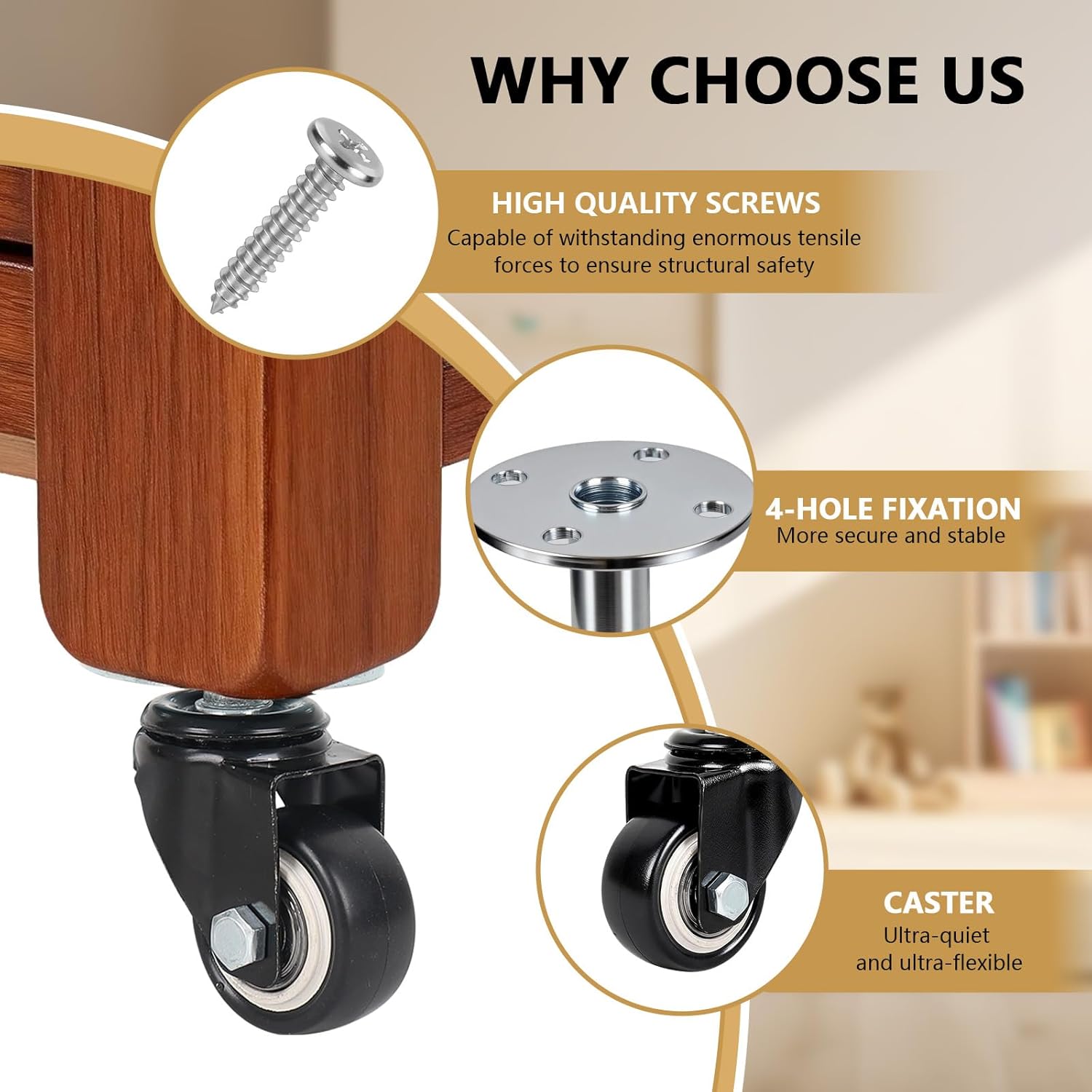 4 Swivel Caster Wheels & 4 Broad Brimmed Socket Plug Caster Set, Heavy-Duty Removable Casters with Bearings & Stem Inserts, Smooth Roll for Furniture, Piano, Equipment