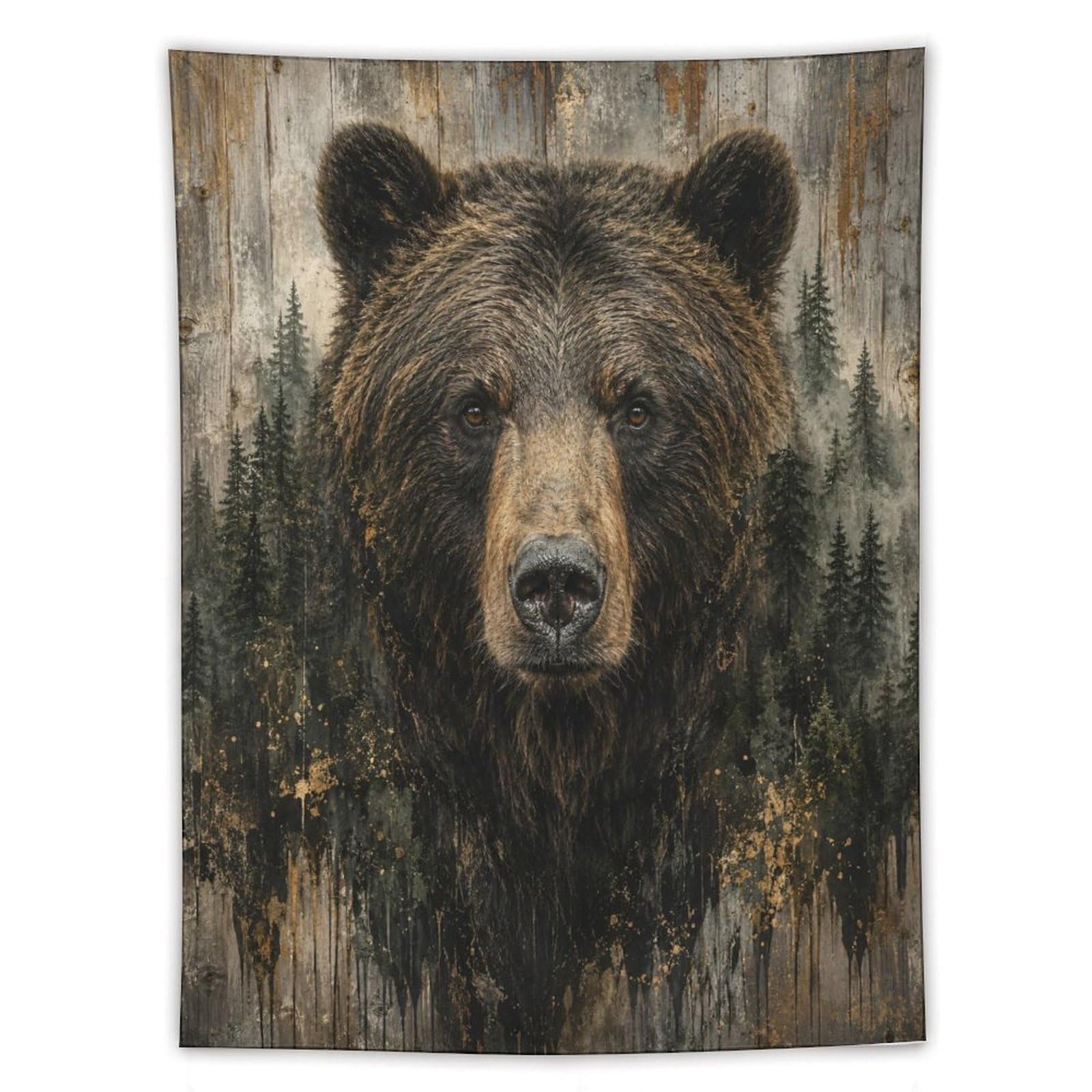 W7C8U2X3 Brown Bear Pine Forest Wall Tapestry, Rustic Wildlife