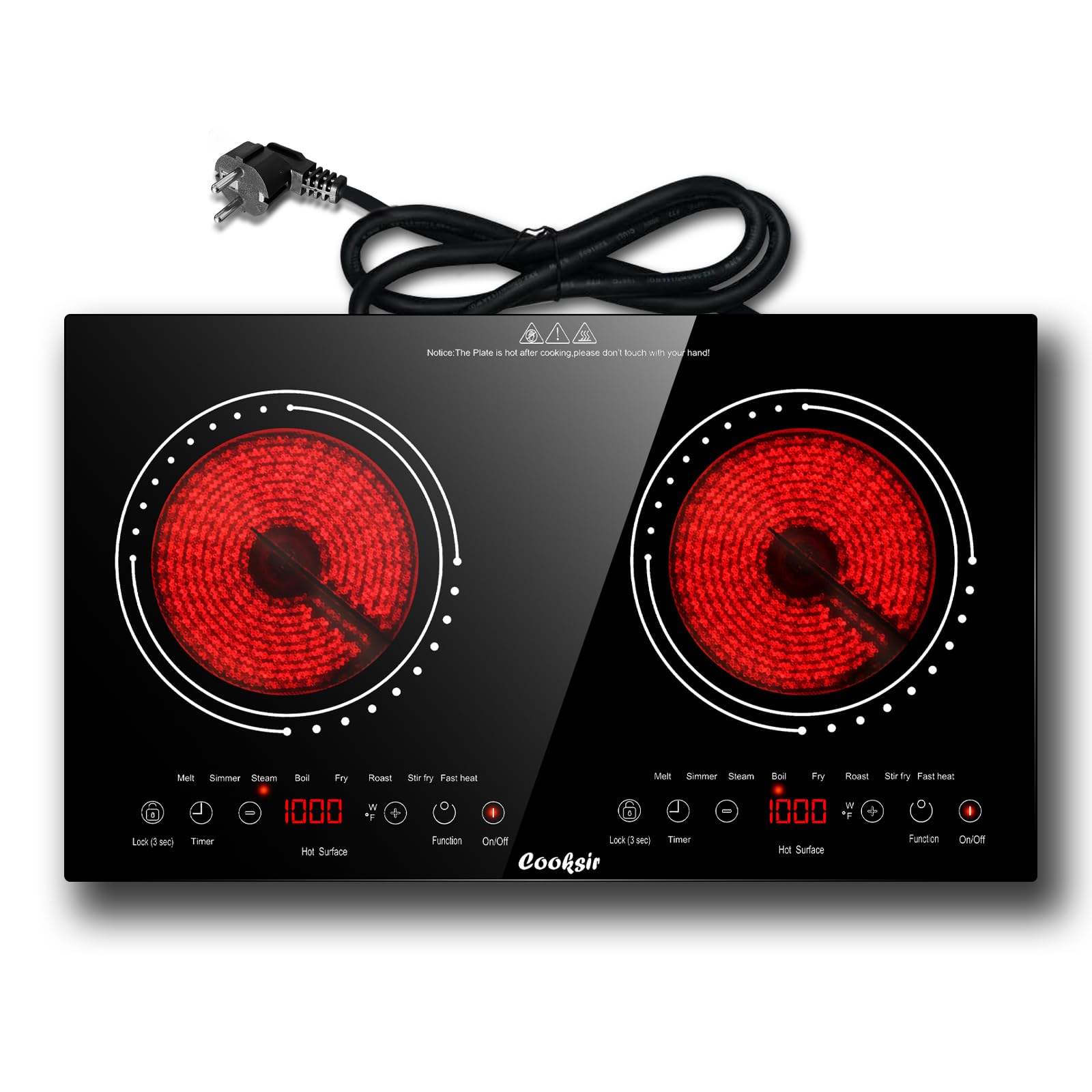 Plaque Vitrocéramique 2 Feux avec Prise | Portable et Encastrable, 3600W, 60cm, 650℃ Max, Sécurité Enfants, Minuterie 4 Heures, 9 Niveaux de Puissance, 220V