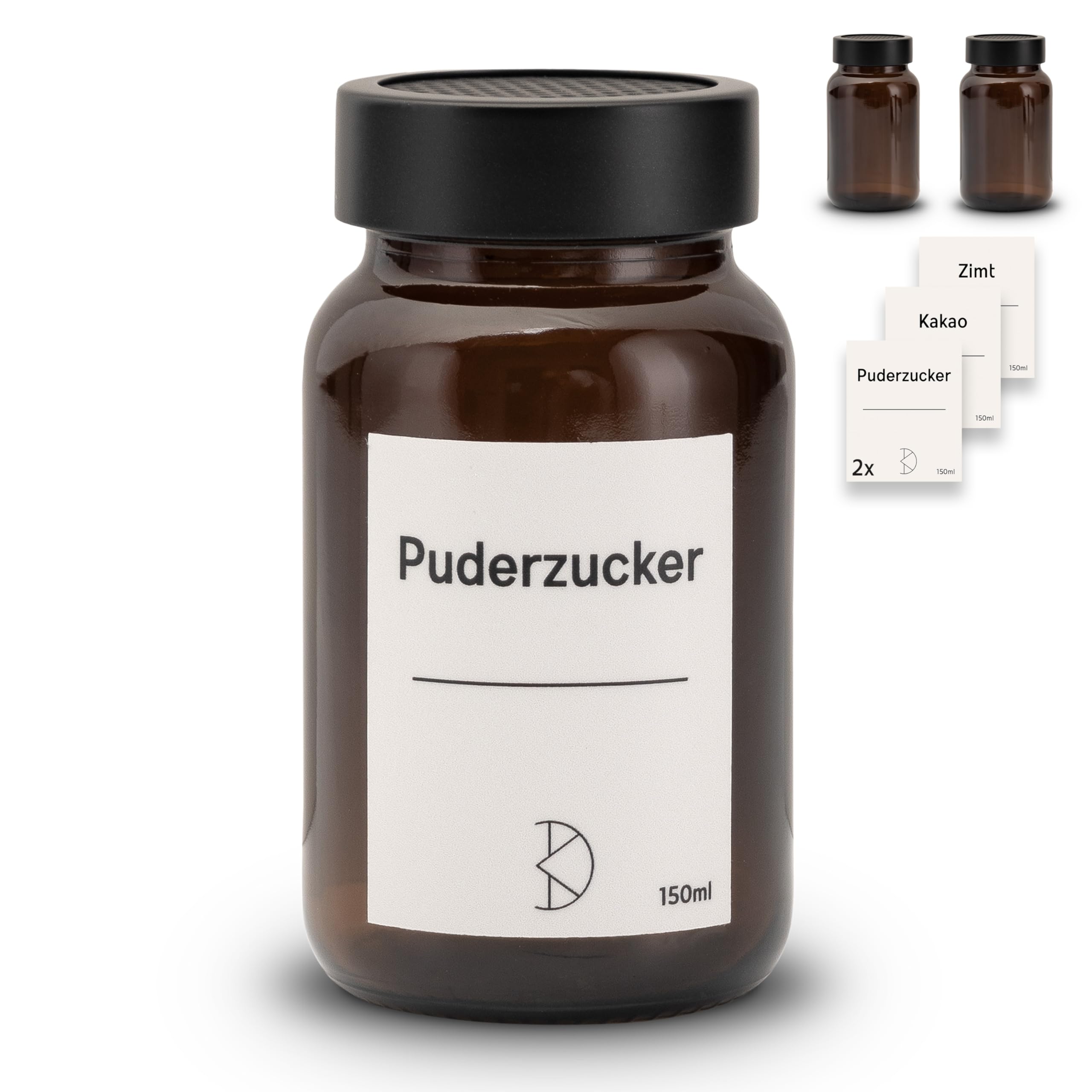 Kakao und Puderzucker Streuer Braunglas mit Edelstahlaufsatz - Kakaopulver, Zimt und Staubzucker Dosierer - Kakaostreuer 150ml - Pulverstreuer 2 Stück mit Aufklebern