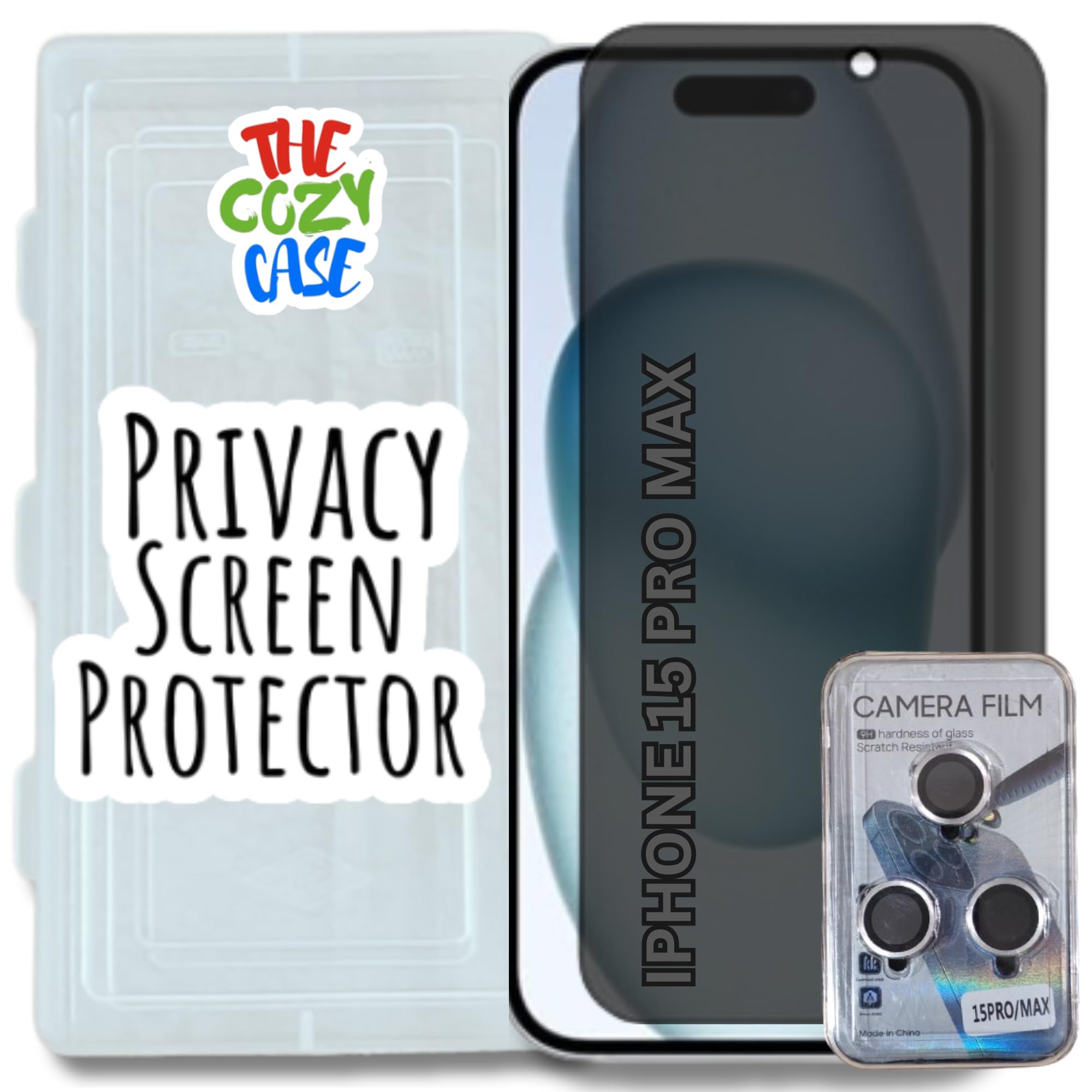 THE Cozy CASE iphone 15 pro max Privacy Screen Protector - Tempered glass compatible with i phone15 pro max & Screen Guard for apple iphone 15 pro max with Easy installation kit + Lens Protector (Privacy Screen Protector + Camera Lens) (B0D6M1PKN8) Amazon Price History, Amazon Price Tracker