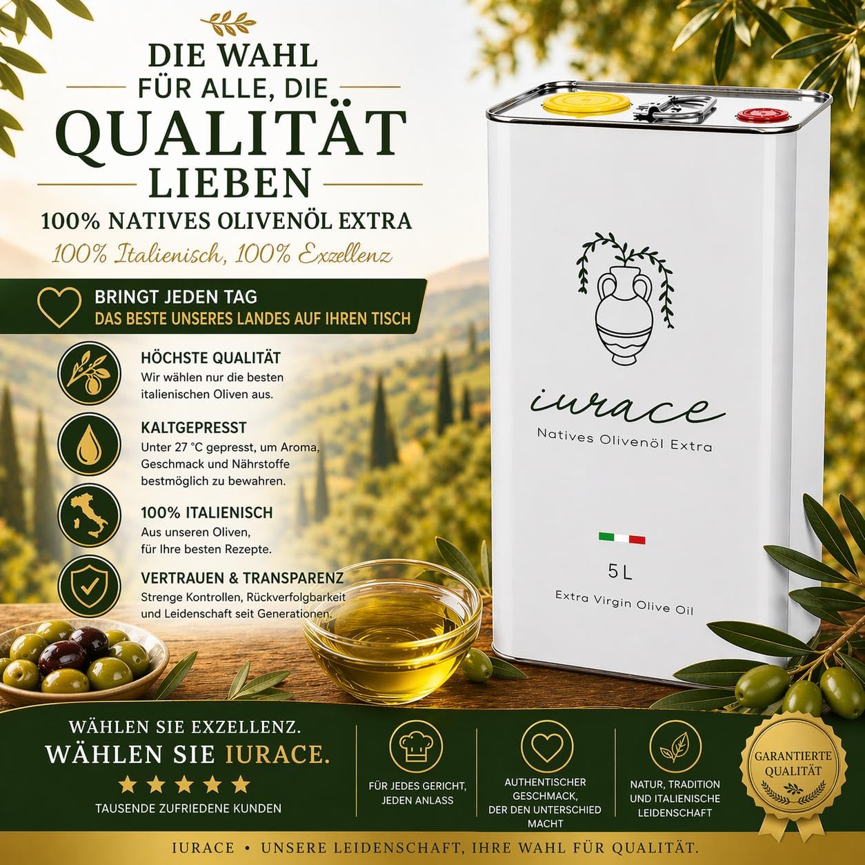 IURACE-Olio Extravergine di Oliva 5L – 100% Italiano – Cuore della Calabria – Lavorazione Tradizionale