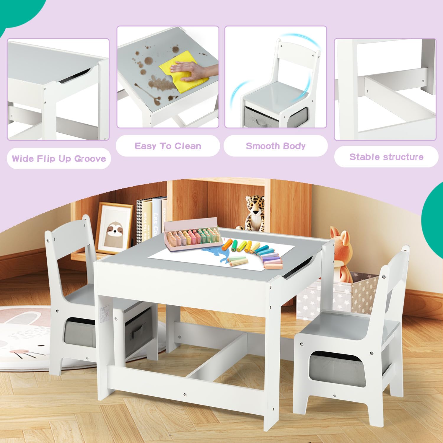 3 In 1 Childrens Table 3-in-1 Kids Activity Table & Chairs Set With ...