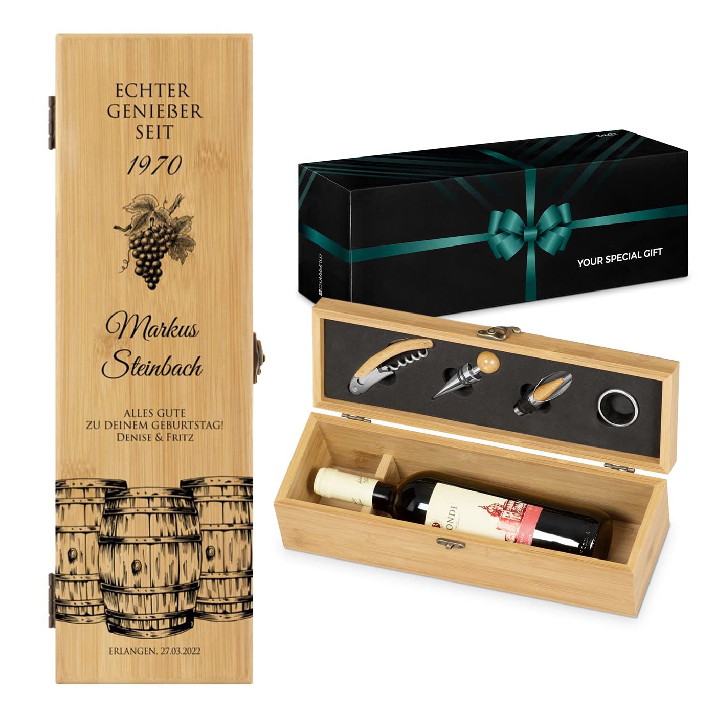 Maverton Wein Geschenkbox für 0,7L Weinflasche + Aufdruck + 4er Weinzubehör - Weihnachtsgeschenke - Weinset aus Bambus - 36x11x11,5cm - Braun - Geschenk zum Geburtstag für Herren - Echter Genießer