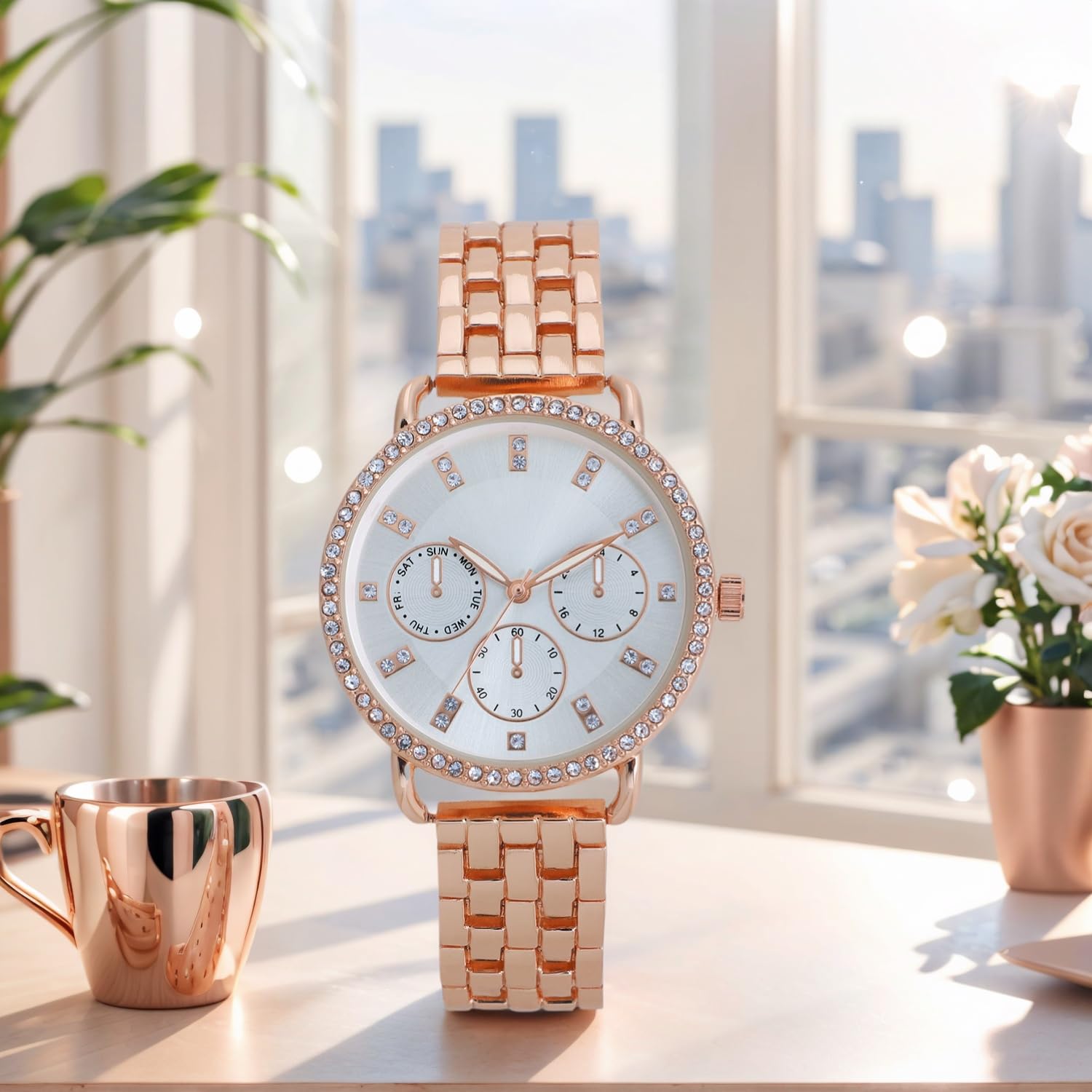 COMTEX Orologio da donna con movimento al quarzo, cinturino intrecciato in oro rosa con decorazione in cristallo, quadrante finto a tre occhi, Oro rosa, Moderno