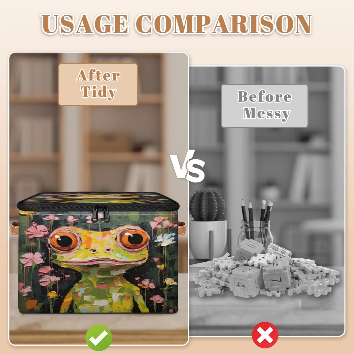 Storage Bin Set of 2 Oil Painting Frog Storage Basket with Zipper Lid & Handle Foldable Closet Shelf 2 Pack Cloth Organizer Basket Cube Bins Clothes Organizer for Bedroom, Nursery