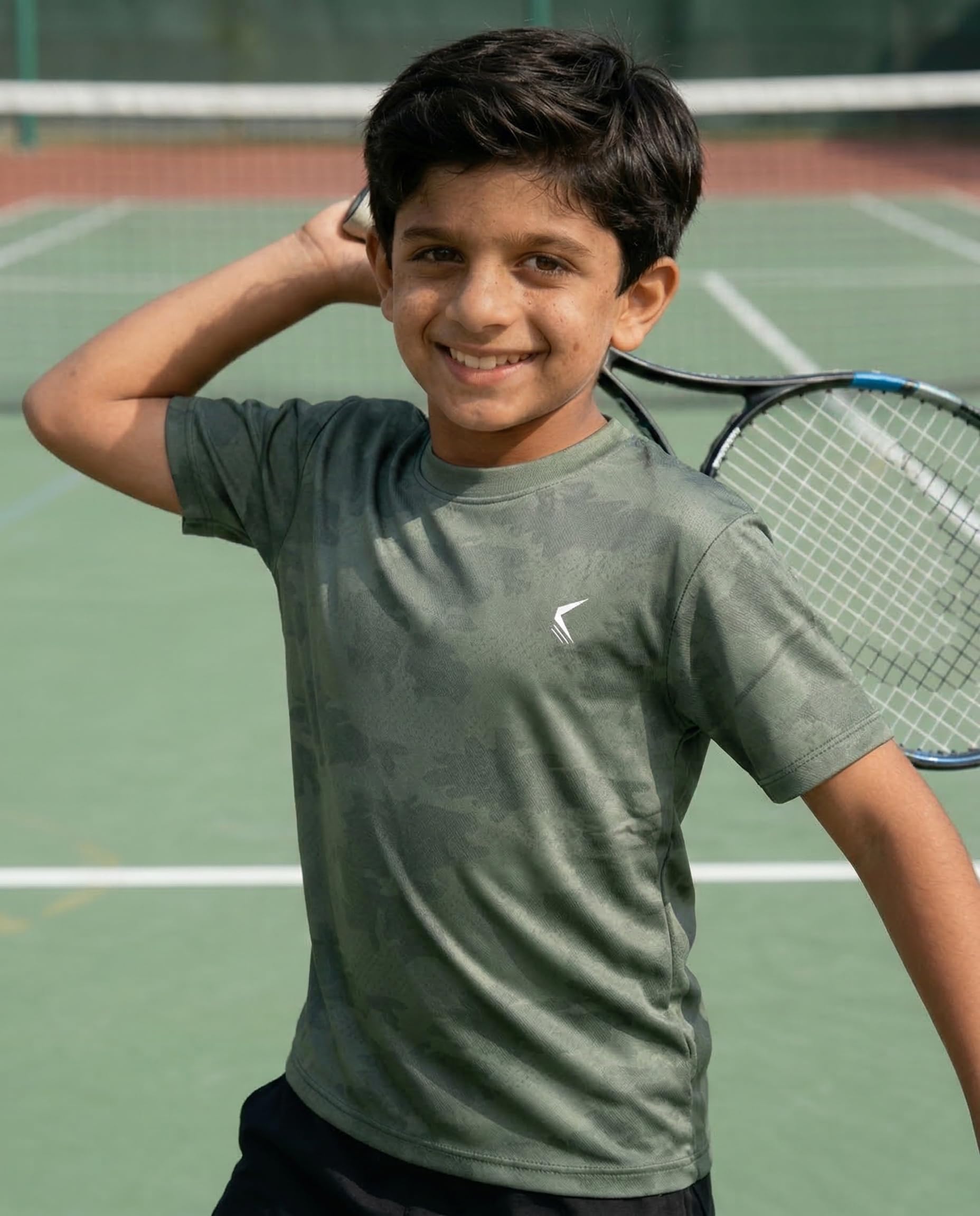 TRAINIKS Unisex Sports T-Shirt – Round Neck Half Sleeve Solid Gym & Activewear Tee, Lightweight Breathable Quick-Dry Athletic T-Shirt for Kids Boys & Girls Olive 9-10Y 2