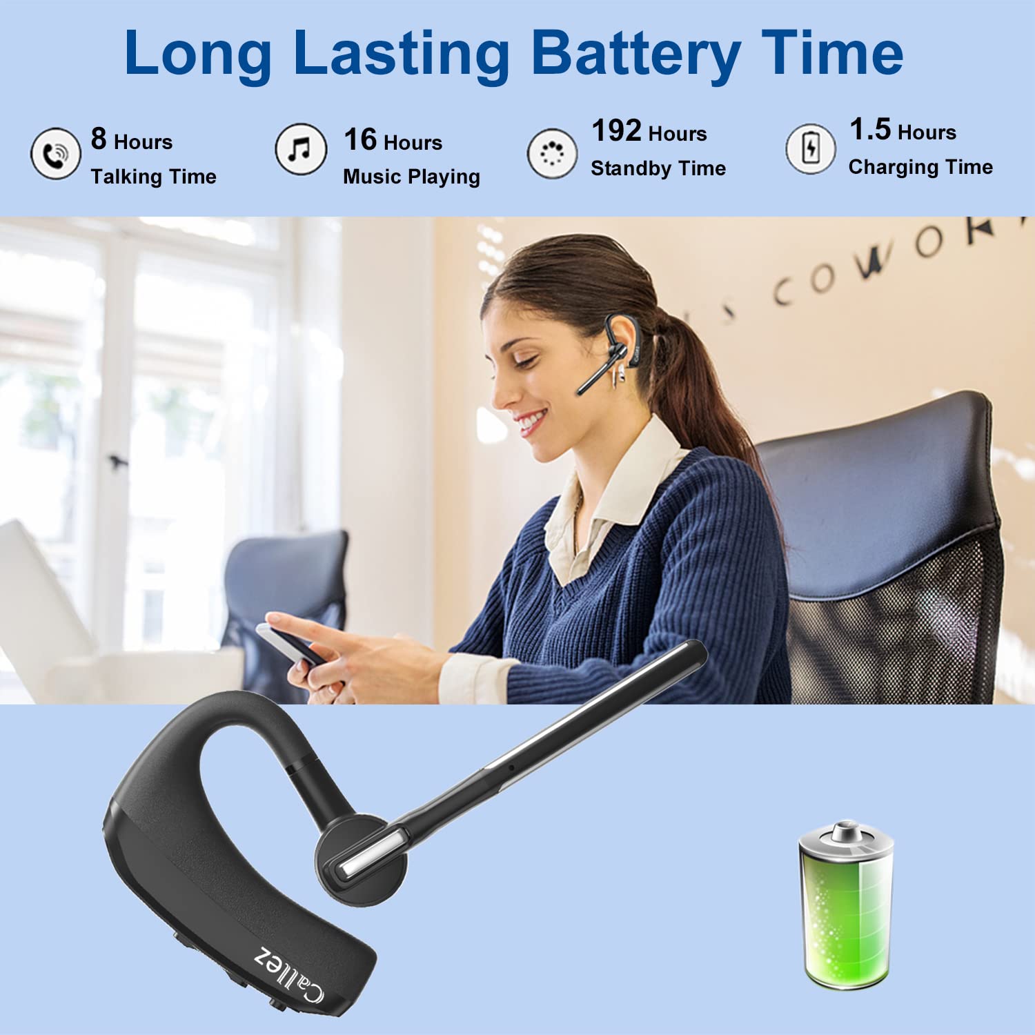 Bluetooth Headset With CVC8.0 Dual Microphone Noise Cancelling Wireless - View #7
