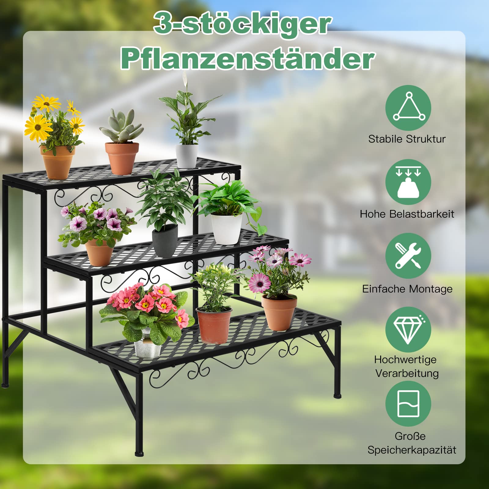 GOPLUS 3 Ebenen Metall Pflanzenständer, Blumentreppe Outdoor, Blumenregal Pflanzentreppe für Garten Balkon, schwarz, 70 x 60 x 60,5cm (Rechteckig-mit Muster)