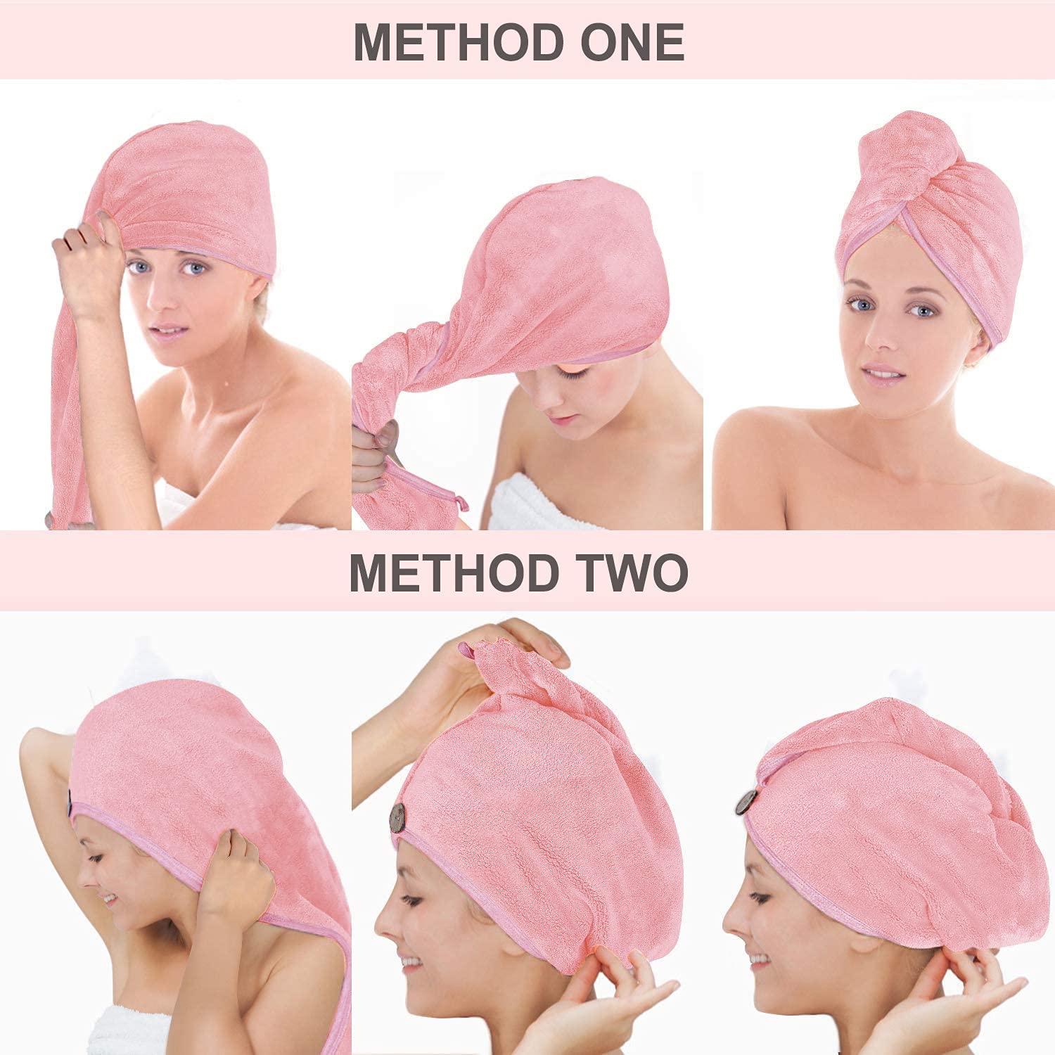 Lot De 2 Turbans En Coton Carenesse - Séchage Doux Des Cheveux - Absorbant Et Anti-Chaleur - Rose/Gris