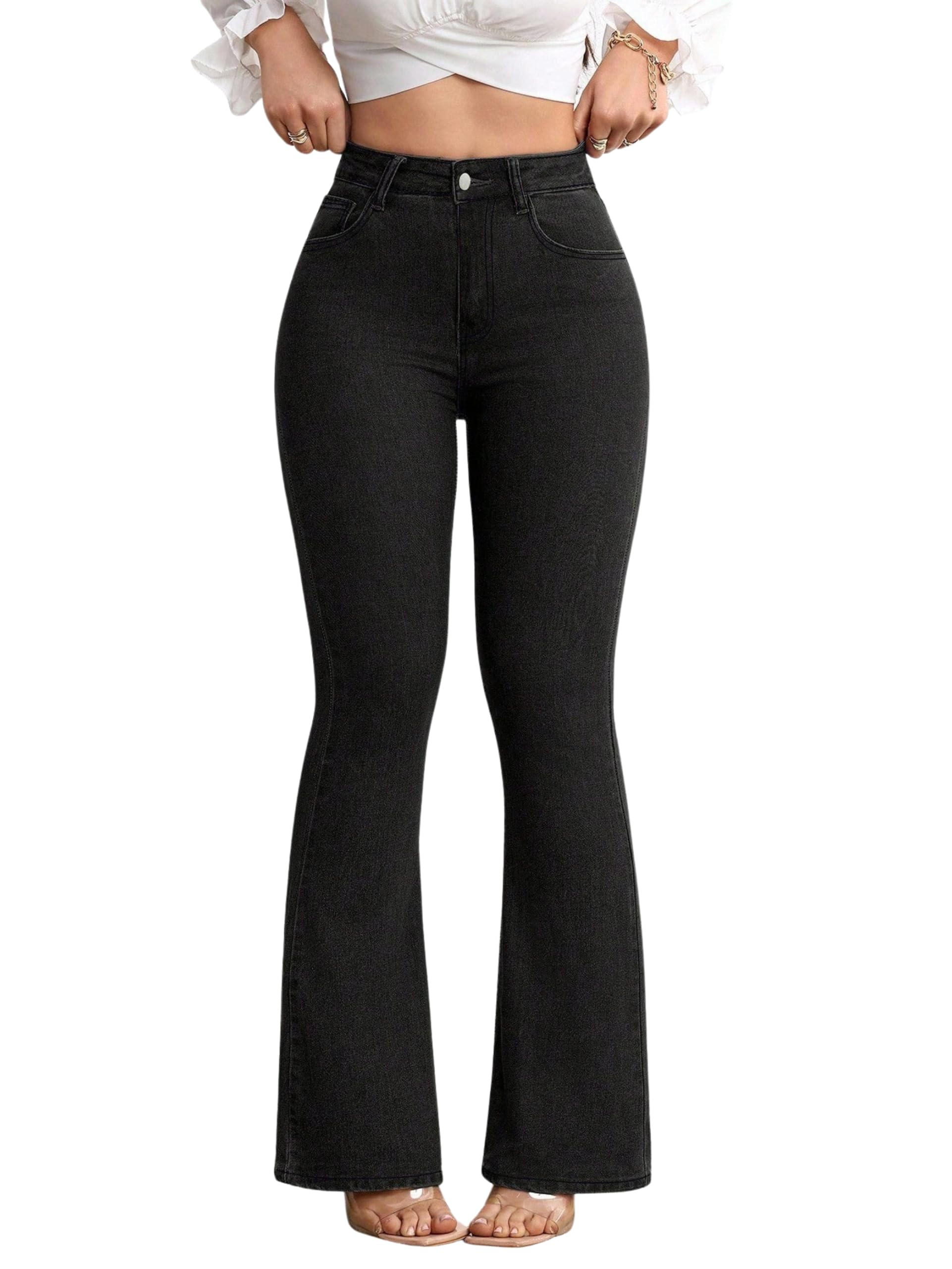glossia Women's Denim Flare Jeans | Stretch Cotton High Waist Bootcut Bell Bottom Jeans | Classic 5 Pocket Cuffed Hem (WJ-FF004_3-$)-picture-43