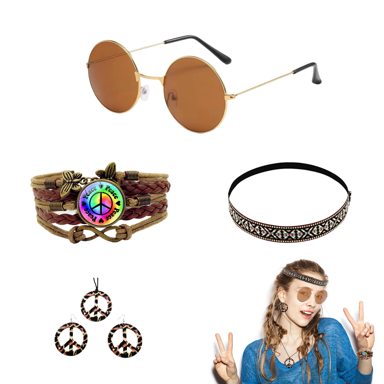 Conjunto de Traje Hippie Disfraz Hippie Mujer Set de Accesorios Retro 60s 70s con Corona, Gafas de Sol, Pendientes y Pulsera de Paz, Adecuado para Cualquier Fiesta