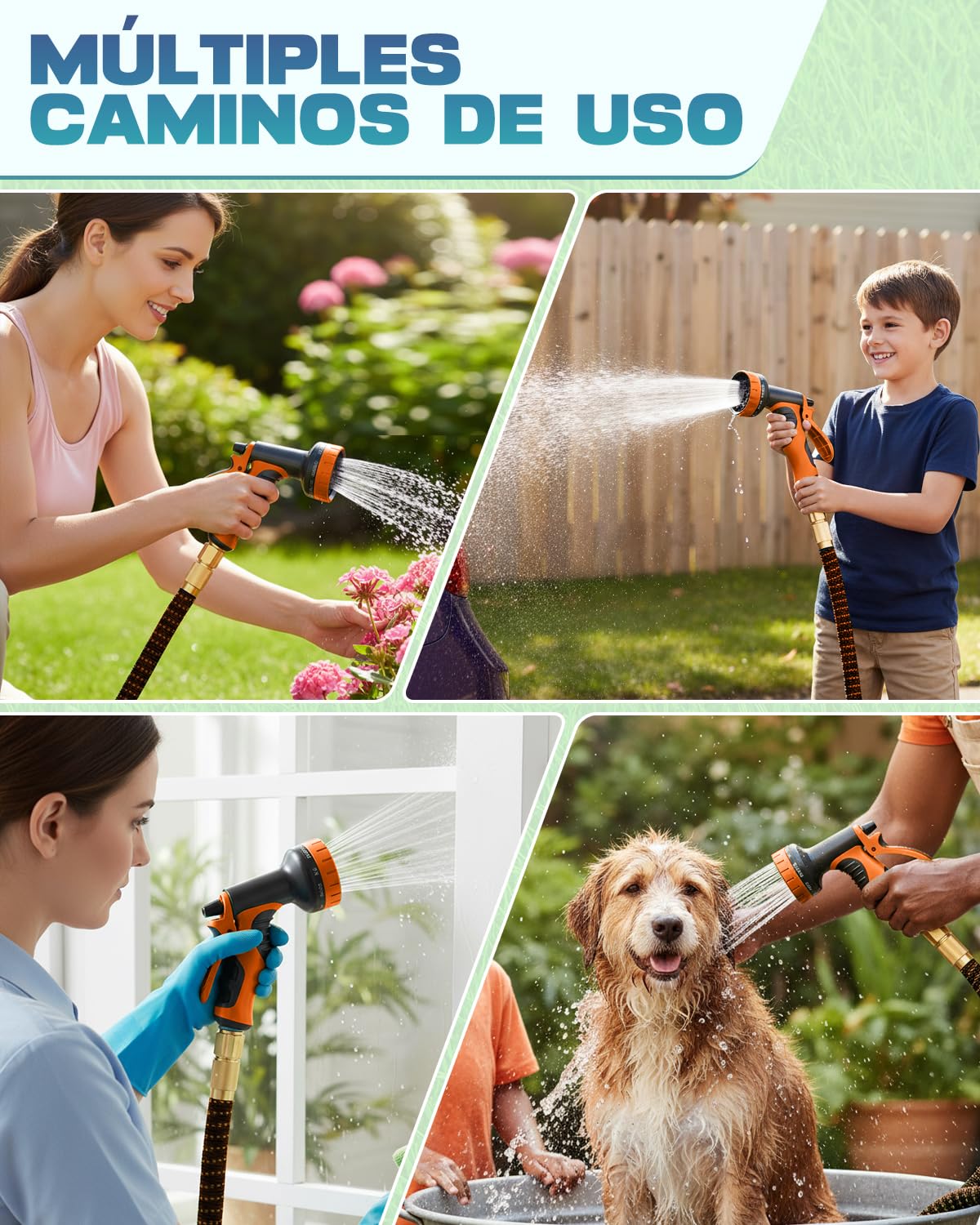 Manguera de Jardín Extensible 45m Naranja, Manguera Agua Flexible para Riego de Verano, Tubo Retráctil con Boquilla de Multiples Modos, Ligera y Duradera
