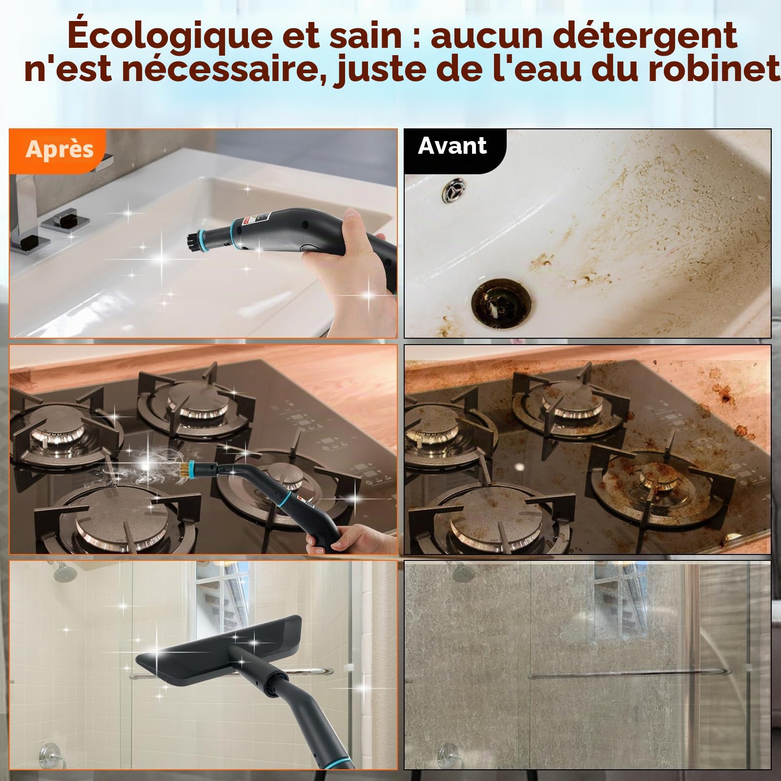Nettoyeur à main vapeur haute pression 2500 W 4 bar, réservoir de 1250 ml, 6 niveaux, appareil de nettoyage sous pression haute température pour voiture, fenêtres, cuisine, sol, meubles