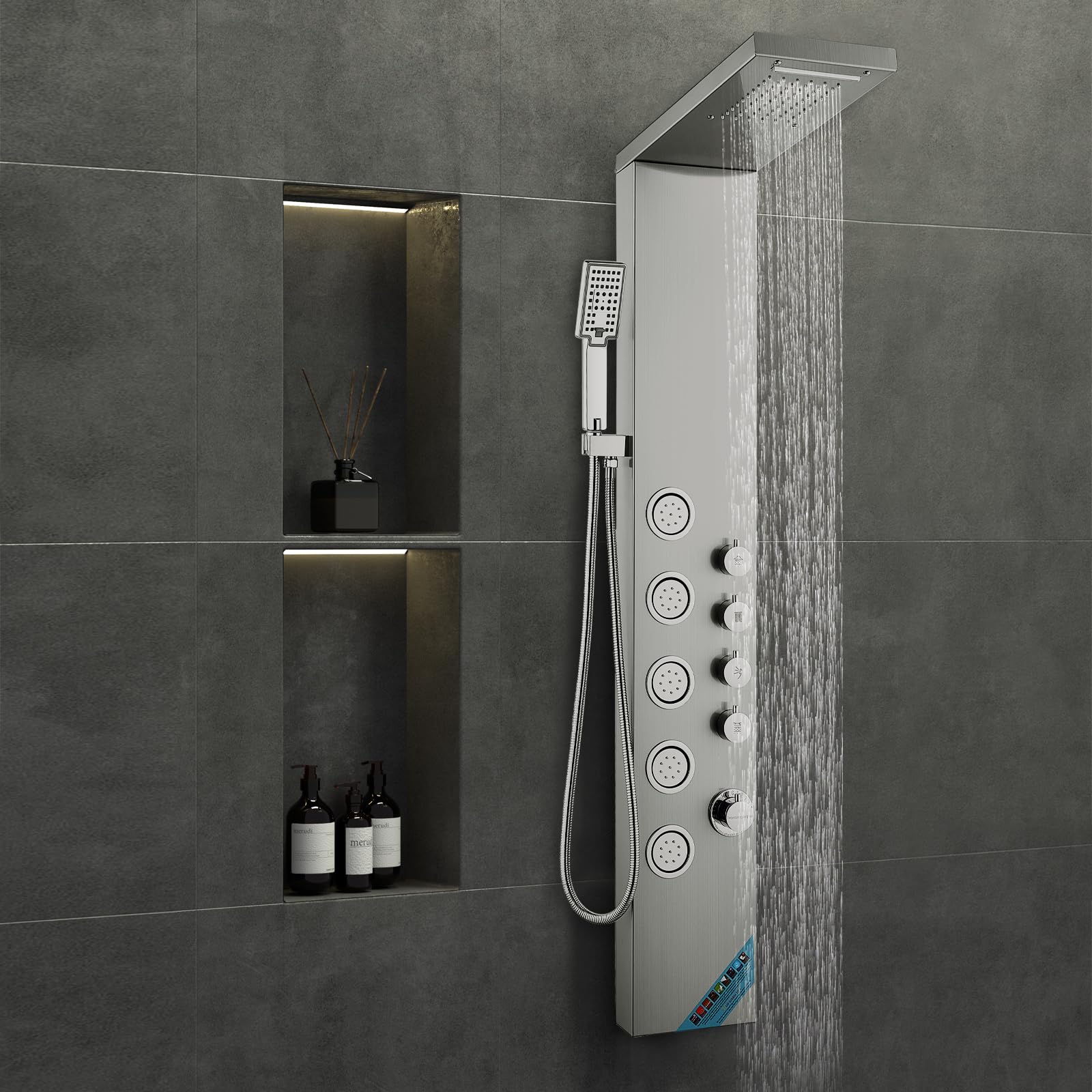 VEVOR Shower Tower, 4 Shower Modes Shower Tower System, Rainfall, Waterfall, 5 Full Body Massage Jets and 3-Setting Handheld Shower Head with 59" Hose, Stainless Steel Wall-Mounted Shower Set