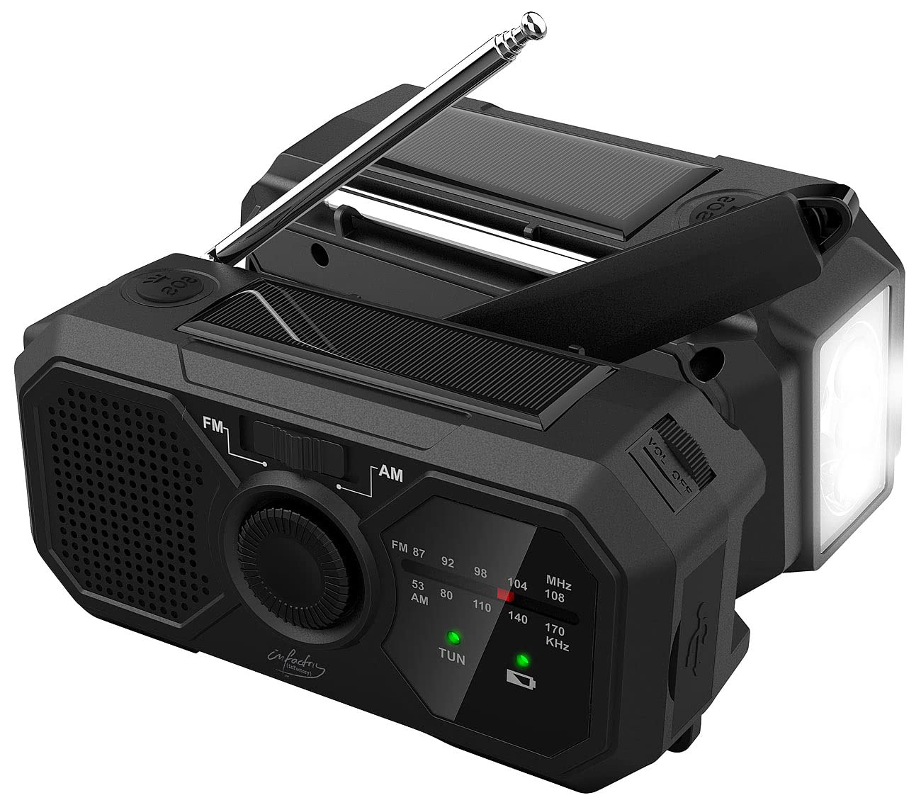 infactory Solar Radio Kurbelradio: Solar- und Dynamo-Kurbel-Radio mit LED-Licht, SOS, Powerbank-Funktion (Kurbelradio mit Solarpanel, Notfallradio Kurbel &, Mini)