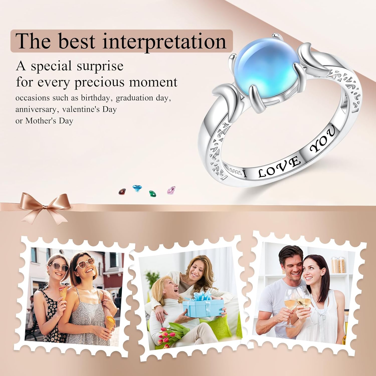 Silver Moonstone Ring 925 Sterling Silver Moon Stone Ring Minimalist Statement Band I Love You Finger Ring Valentine's Day Jewelry Gift for Women