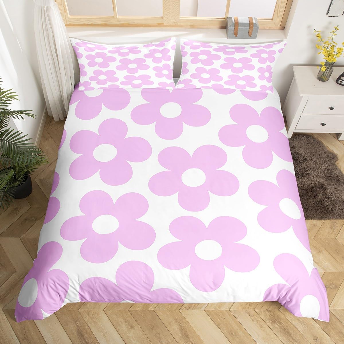Erosebridal Cute Hot Pink Daisy Duvet Cover King Retro Hippie Flowers Comforter Cover 70S Groovy Floral Bedding Set for Kids Boys Girls Vintage Garden Aesthetic Bed Set
