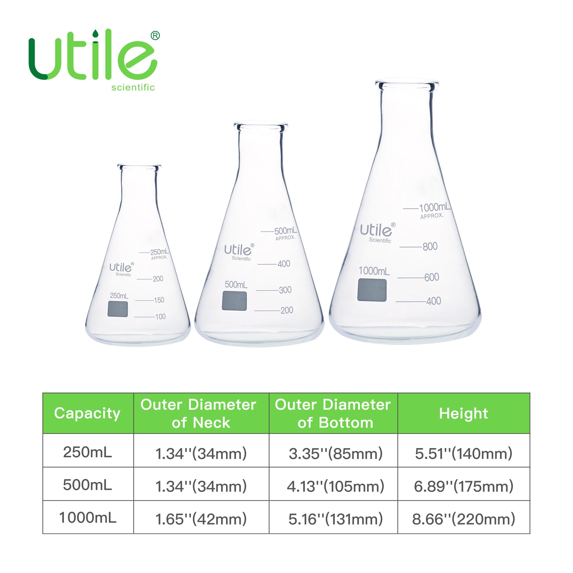 Utile Juego de 3 frascos Erlenmeyer de vidrio de 250 ml, 500 ml, 1000 ml, frascos Erlenmeyer de boca estrecha, frascos cónicos de vidrio borosilicato 3.3 para laboratorio, 4016.9917.1