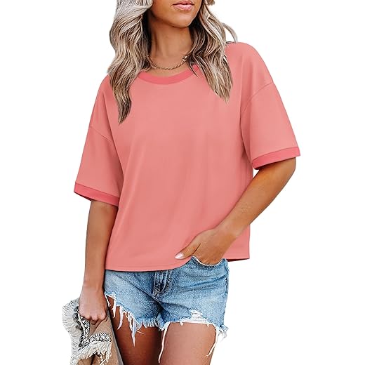 WIHOLL Womens T Shirts Loose Fit Short Half Sleeve Crew Neck Oversized Tshirts Color Block Summer Tops Fashion 2026