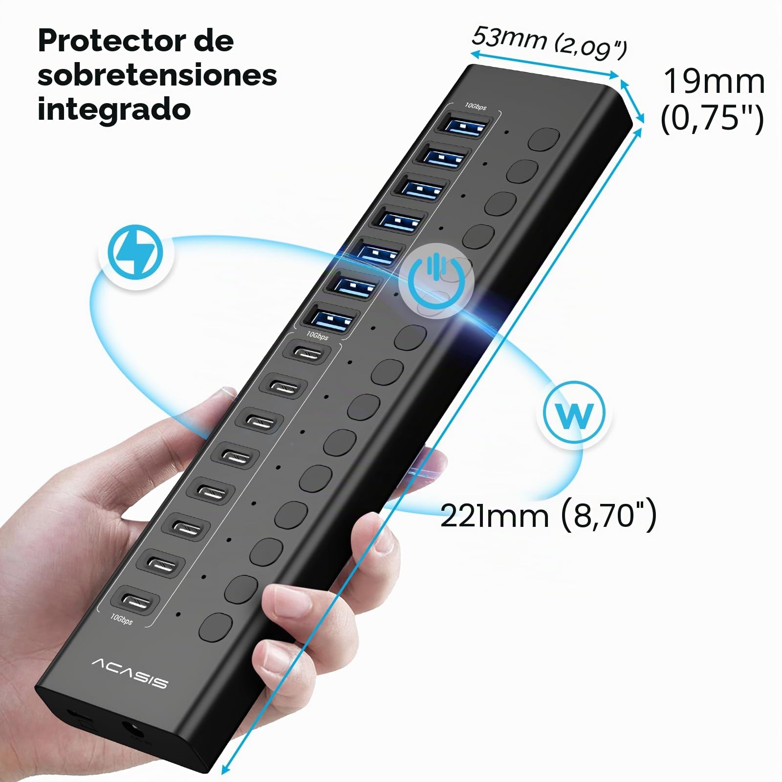 ACASIS Hub USB 3.2 de 16 Puertos, 8X USB-A + 8X USB-C, 10 Gbps, 96W | 16 puertos (8x USB-A, 8x USB-C), 10 Gbps, interruptores independientes con LED, adaptador 96W, carcasa aluminio, Plug & Play
