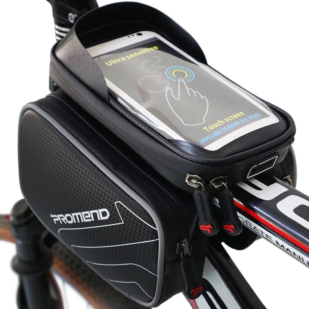 Sacoche de Cadre de vélo - Double Poche résistante à l'eau - avec Coque Amovible pour téléphone Portable à écran Tactile - pour Smartphone de Moins de 6,2" (Noir)