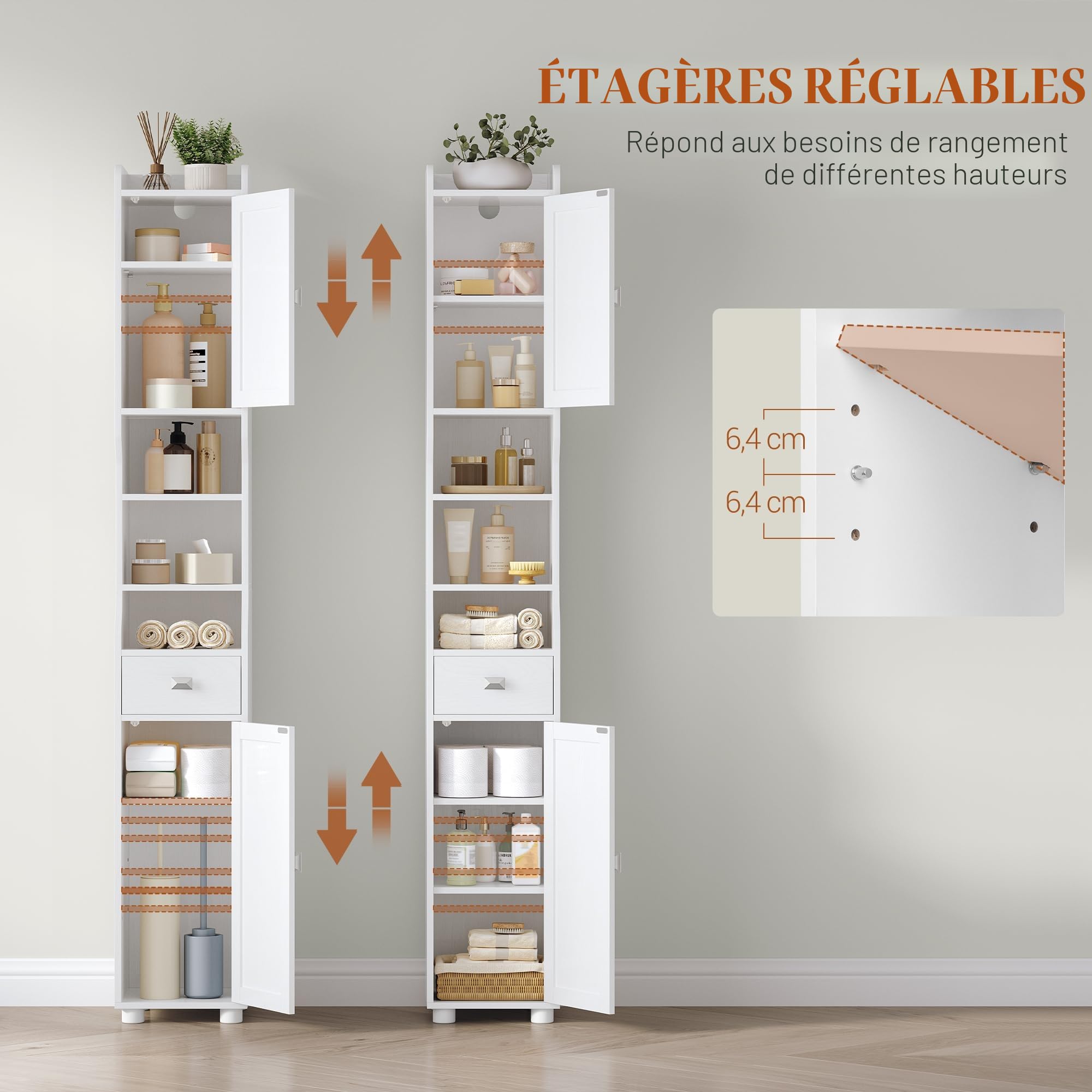 HEXCELEN Armoire de Salle de Bain Étroit, Meuble de Rangement Haute avec 2 Portes et 1 Tiroir, Étagère Réglable, Compartiment Ouvert, pour Salle de Bain, Salon, Cuisine Moderne 28 x 28 x 180 cm Blanc