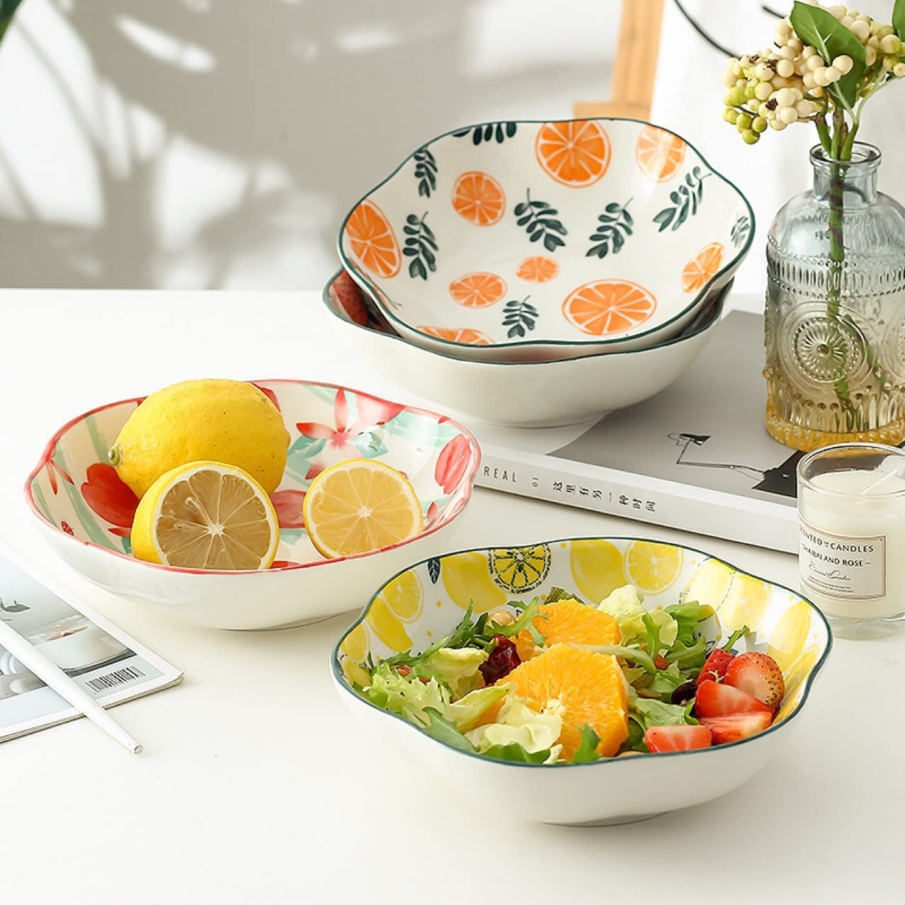 SwissHome Whimsical Orchard Delight Round Ceramic Salad Bowl for Dessert, Soup, Rice, and More - Microwave & Oven Safe (Orange Pattern) 3