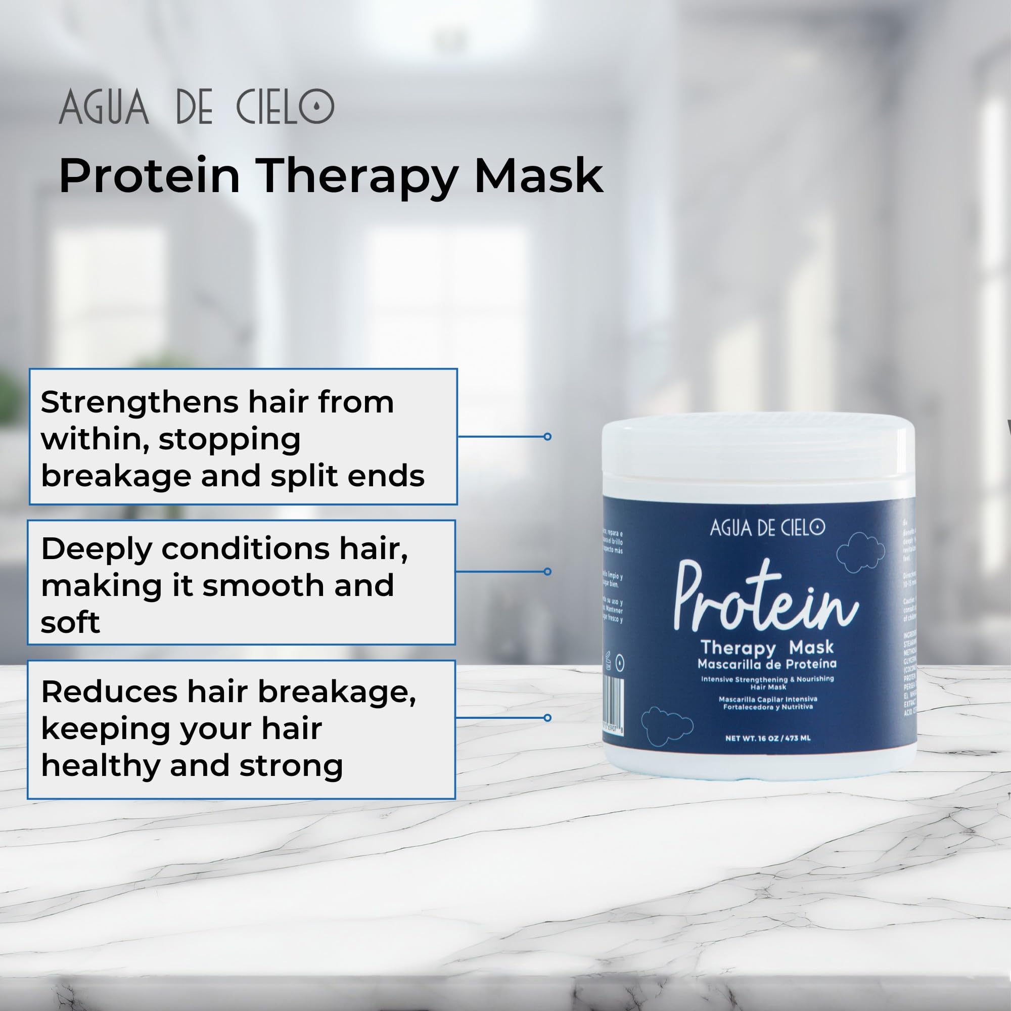 Agua de Cielo Protein Therapy Hair Mask - Deep Conditioning Protein Treatment for Hair, Strengthens & Repairs with Hydrolyzed Keratin, Collagen, Coconut Oil & Argan Oil - 16 Oz