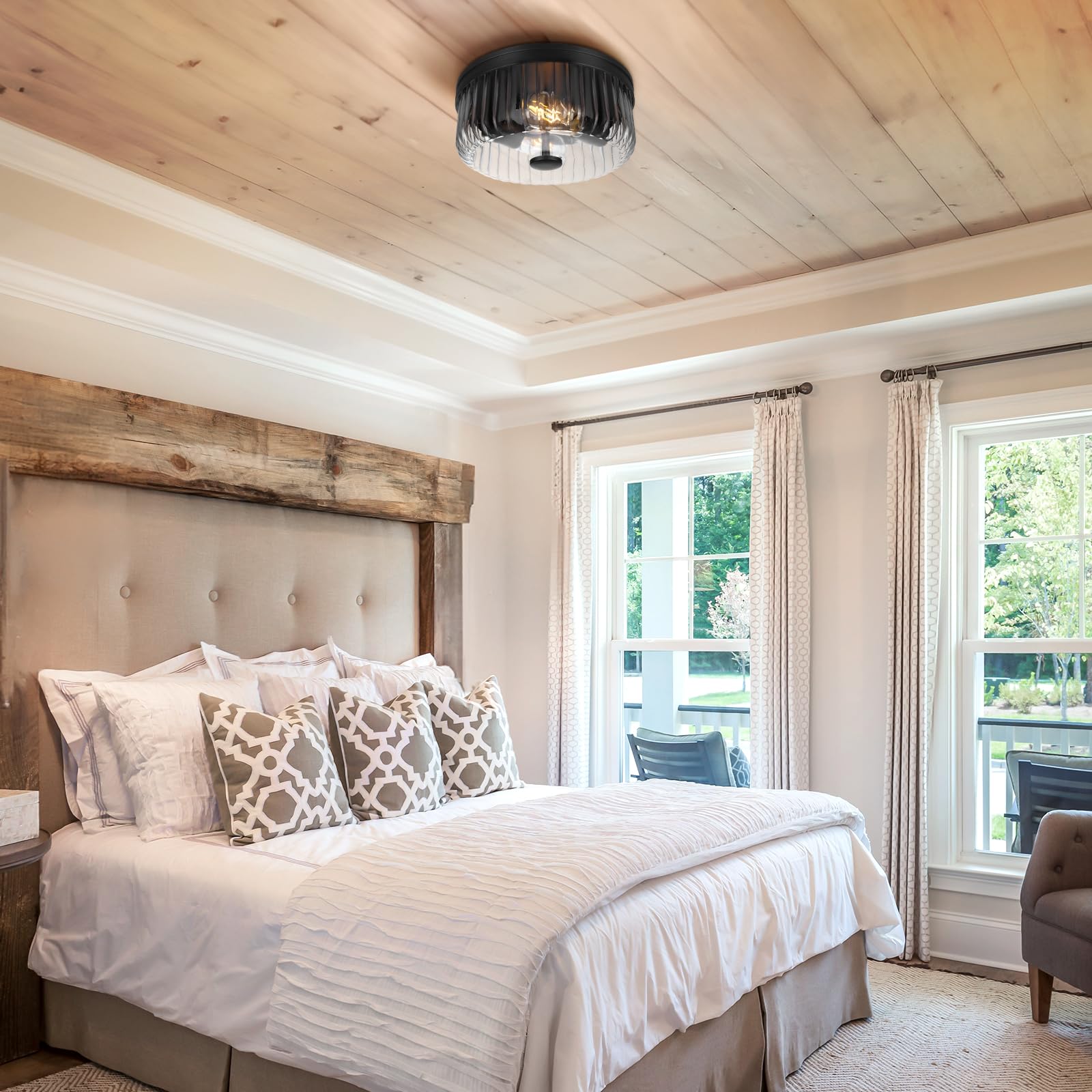 Rosient Farmhouse Flush Mount Ceiling Light, Modern Ceiling Lamp with Clear Striped Glass Shade, Rustic Round Ceiling Light Fixture for Kitchen Island Dining Room Bedroom Foyer Hallway Entryway