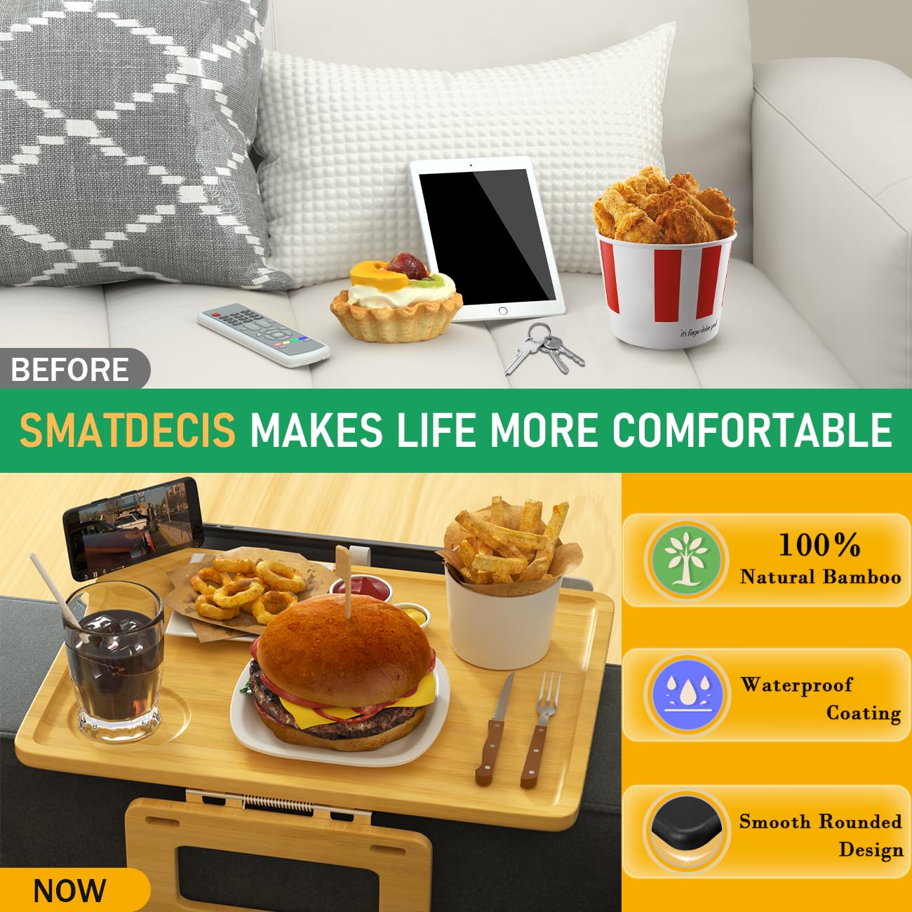 Smatdecis - Bandeja para sofá con clip para brazos, mesa para reposabrazos, adecuada para bebidas caseras, comida rápida, frutas, etc