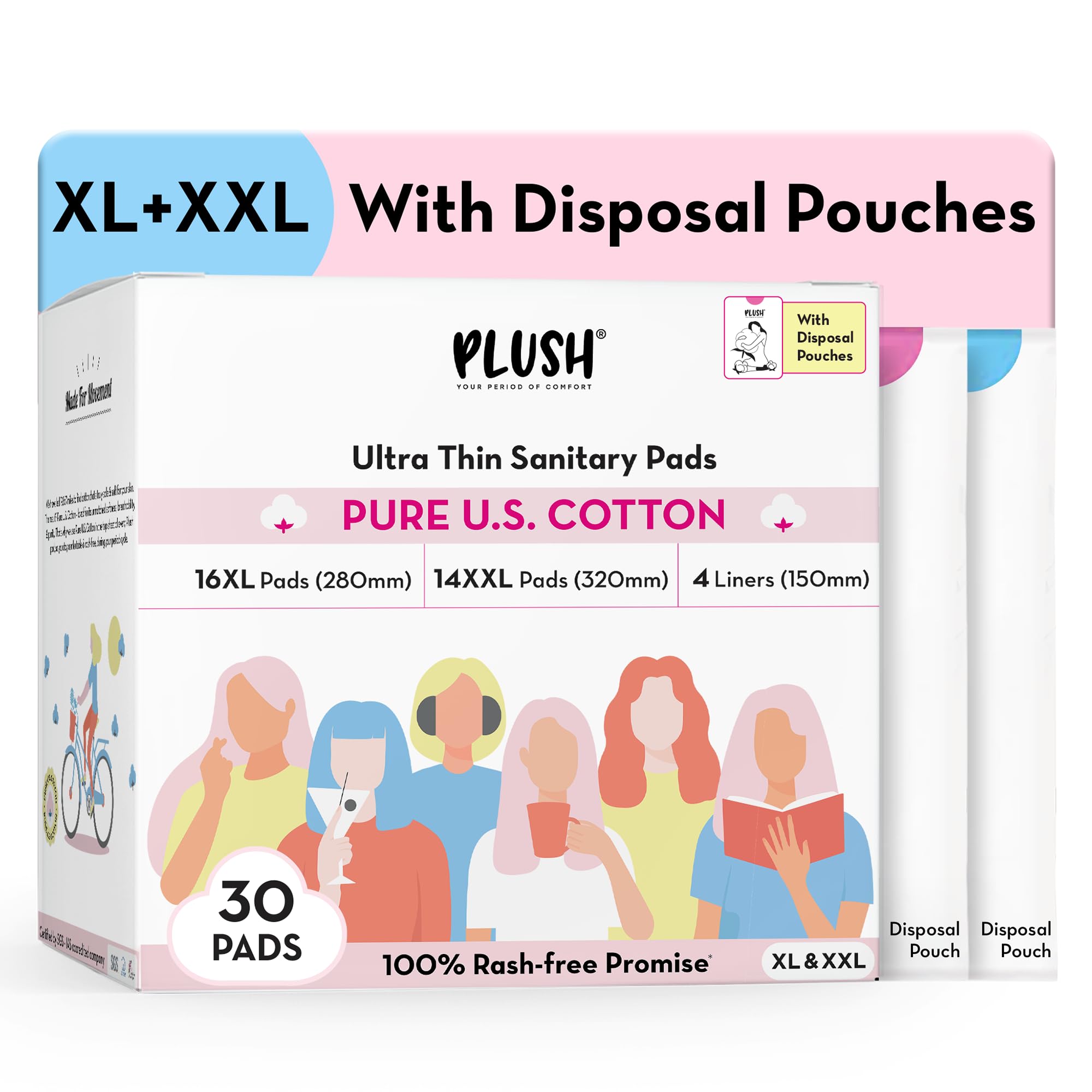 Plush Ultra-Thin Sanitary Pads For Women, 30 Cotton Sanitary Napkins | 14 Medium Flow XL + 16 Light Flow L + 4 Panty Liners For Rash Free Periods | Pure U.S. Cotton Pads With Disposable Pouch-image-14