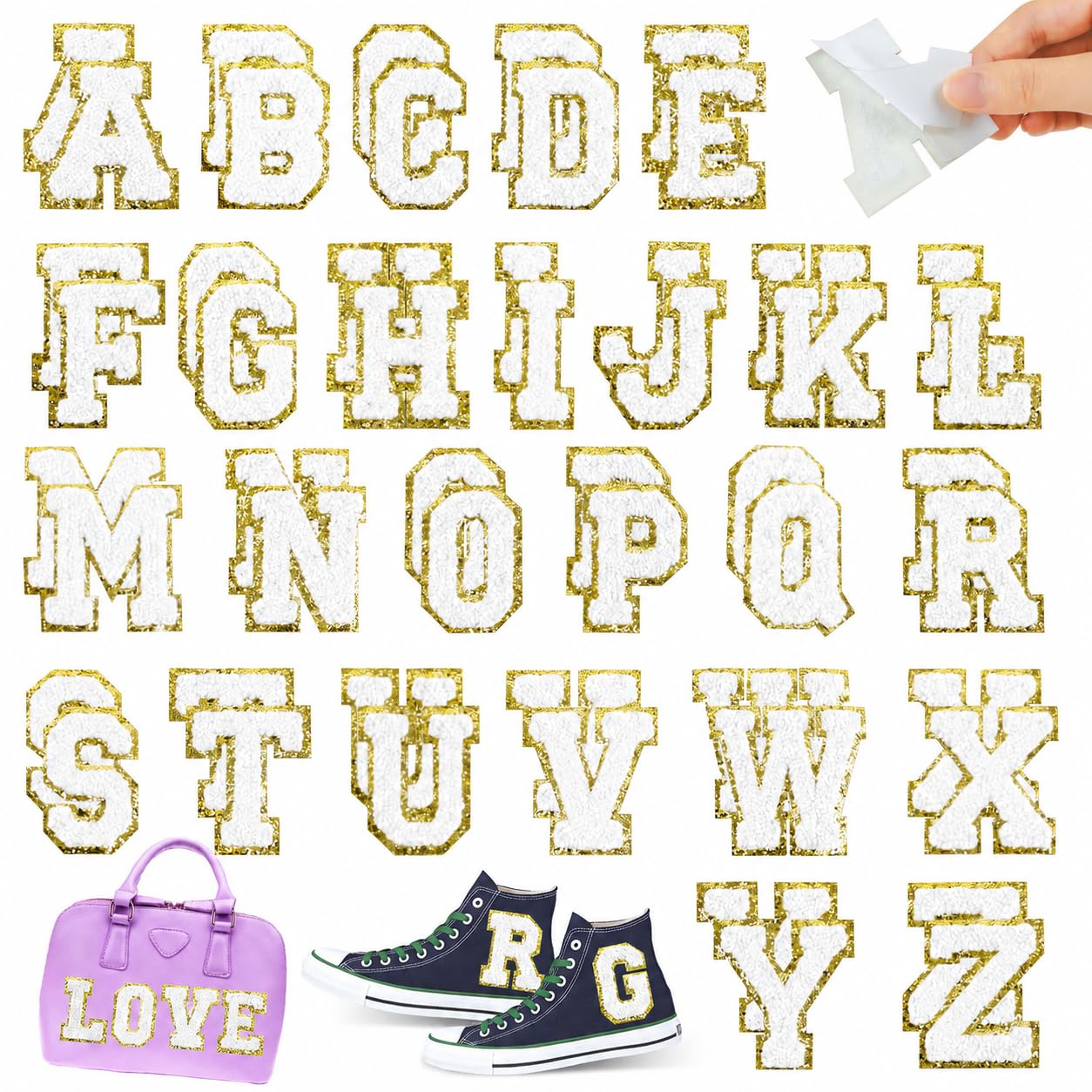 Ssyuysto 52PCS Chenille Self Adhesive Letter Patches Gold Glitter Border Preppy Varsity Alphabet A-Z 2.2'' Large Embroidered Initial Appliques for