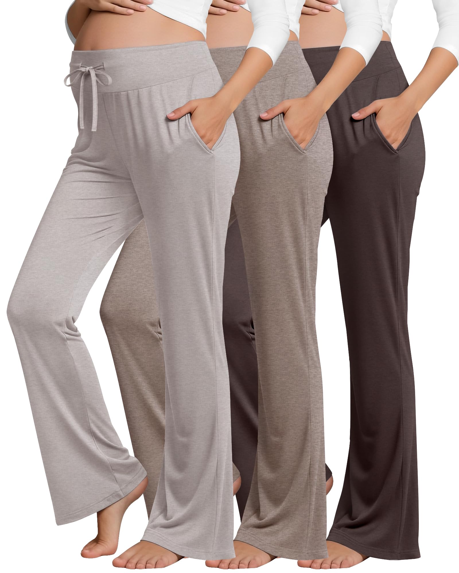 Neer Lot de 3 pantalons de maternité pour femme | Pantalon évasé, décontracté, jambes larges, jogging, cordon de serrage, avec poches, yoga, vêtements